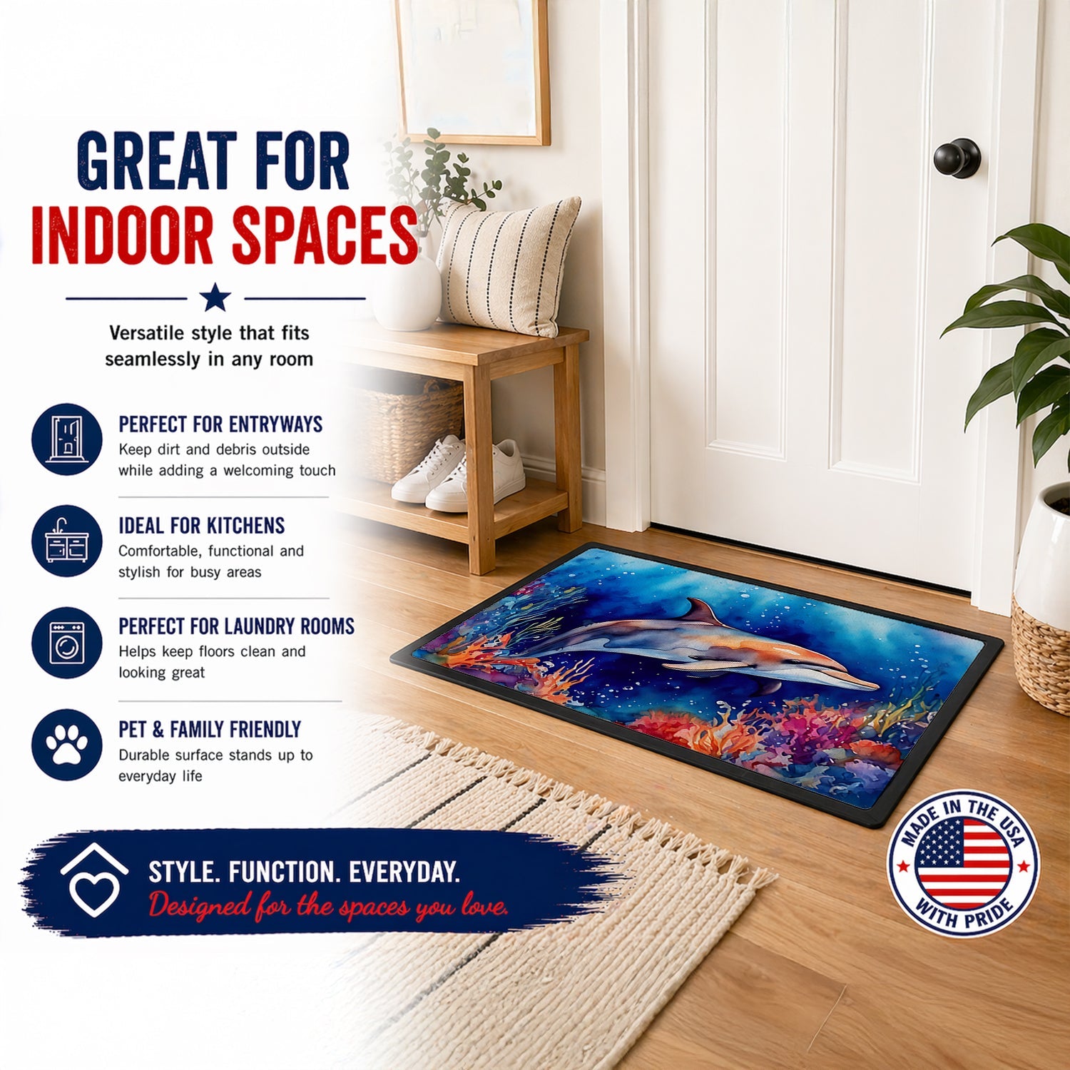 Dolphin Doormat Indoor Outdoor 18H X 27W Front Door Mat Rugs for Entryway, Non Slip Washable