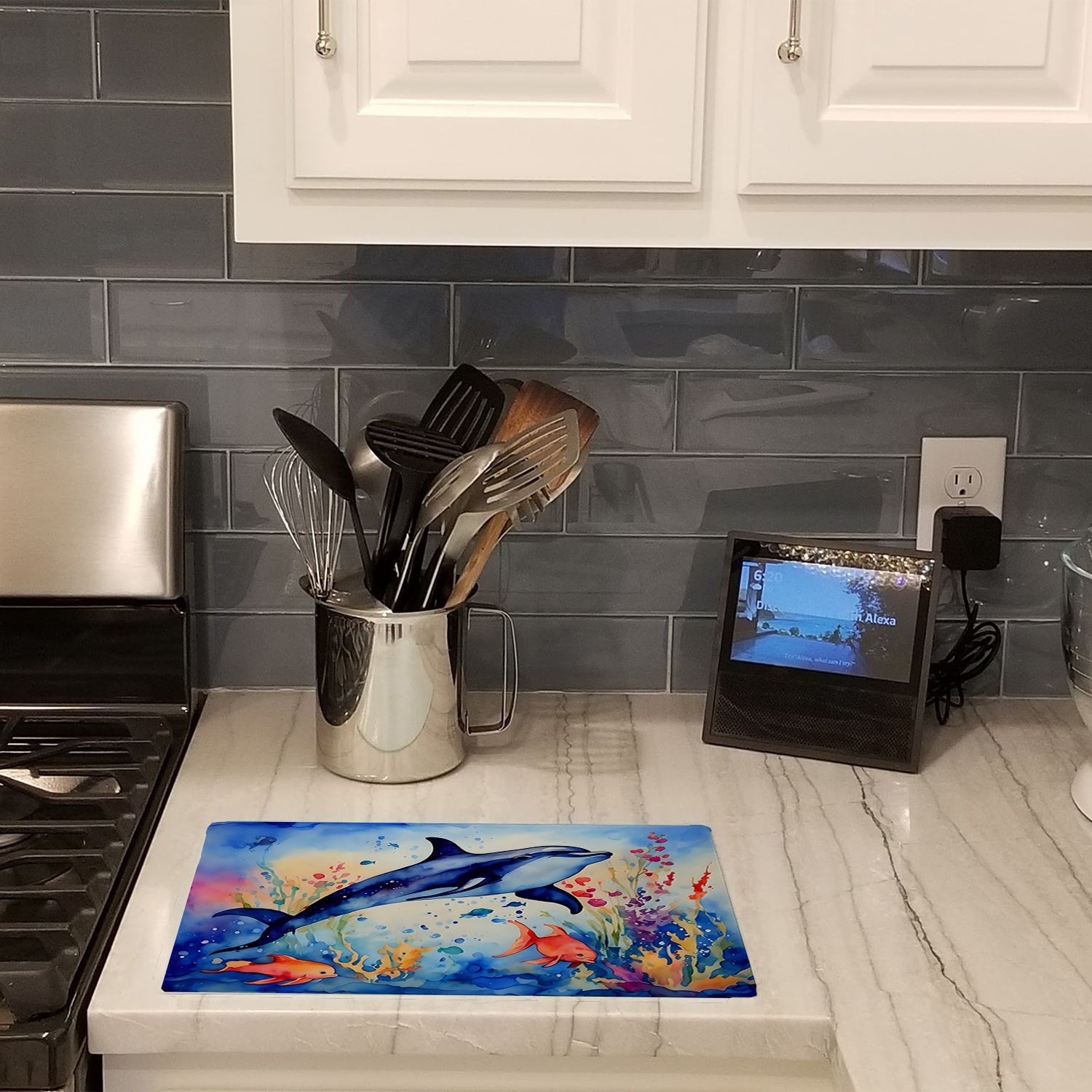 Dolphin Cutting Board Tempered Glass Kitchen Cutting Surface, Heat Resistant Chopping, Non-Slip Feet, Food Prep & Serving