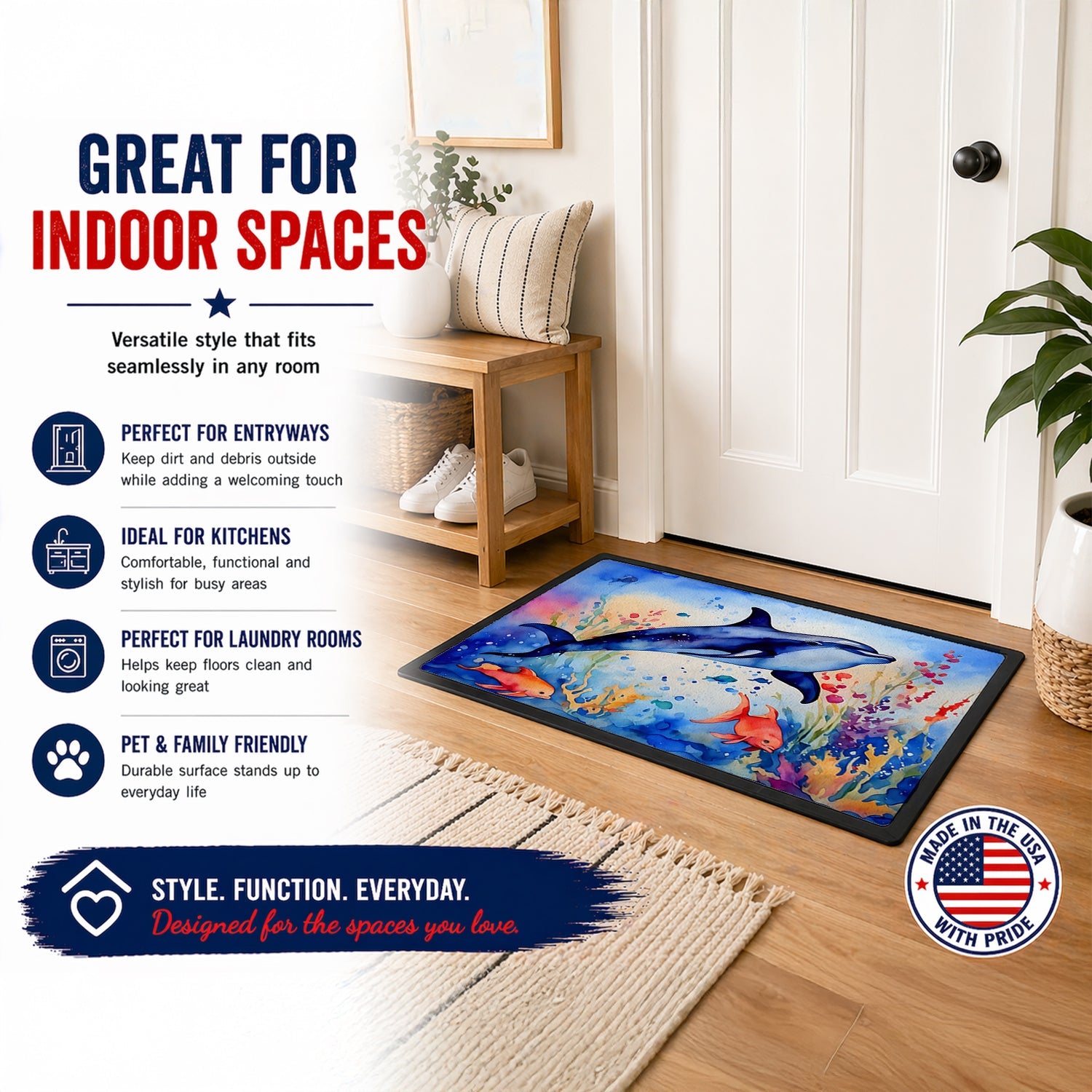 Dolphin Doormat Indoor Outdoor 18H X 27W Front Door Mat Rugs for Entryway, Non Slip Washable