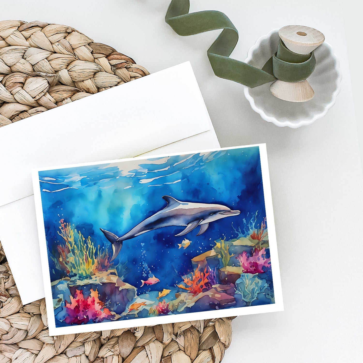 Dolphin Greeting Cards Pack of 8 Blank Cards with Envelopes Whimsical A7 Size 5x7