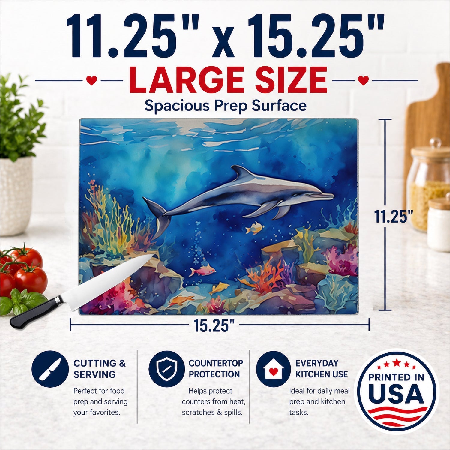 Dolphin Cutting Board Tempered Glass Kitchen Cutting Surface, Heat Resistant Chopping, Non-Slip Feet, Food Prep & Serving