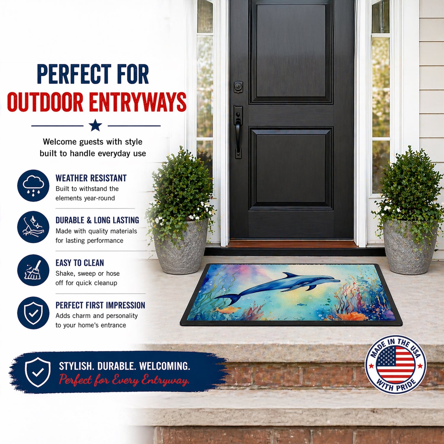 Dolphin Doormat Indoor Outdoor 24H X 36W Front Door Mat Rugs for Entryway, Non Slip Washable Low Pile,