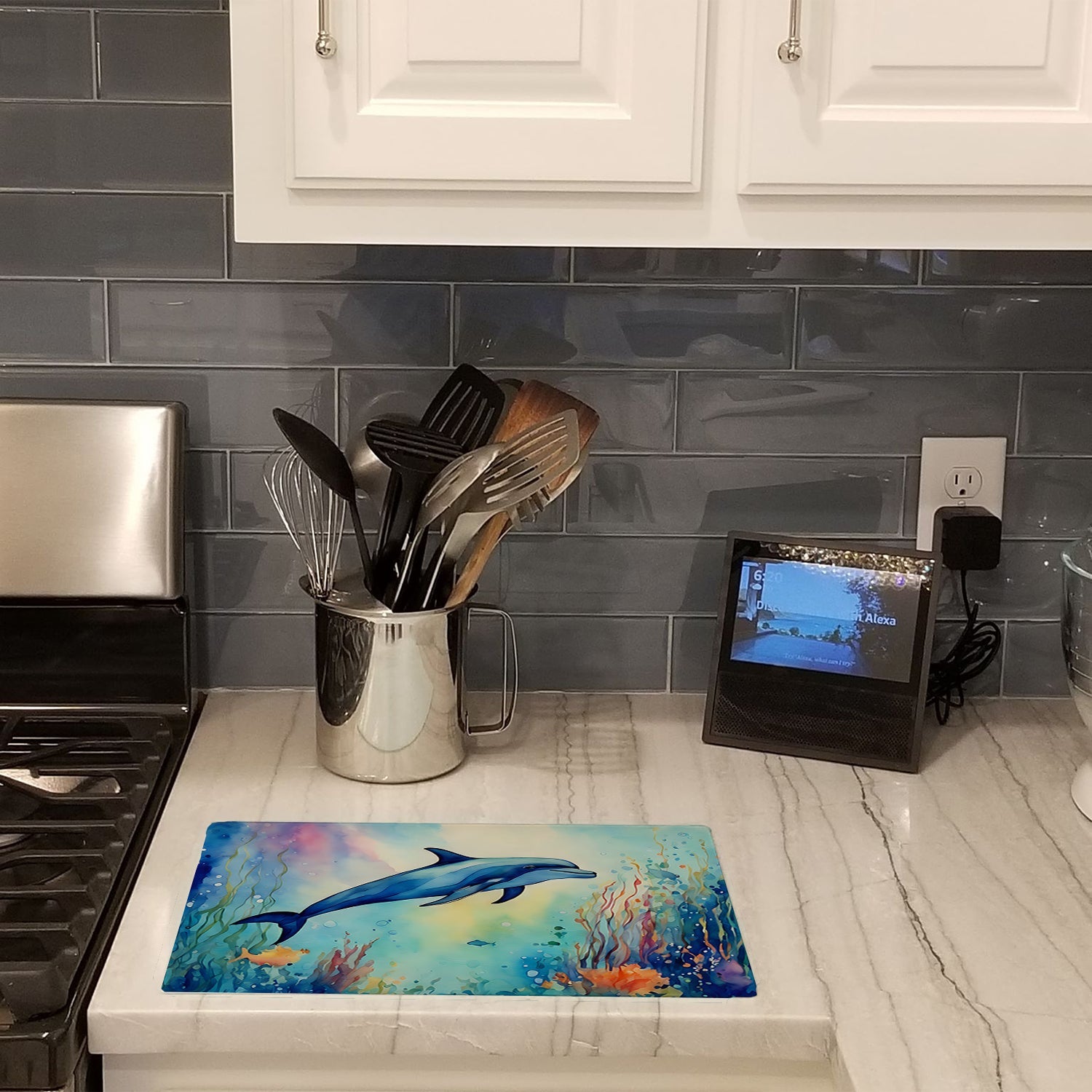 Dolphin Cutting Board Tempered Glass Kitchen Cutting Surface, Heat Resistant Chopping, Non-Slip Feet, Food Prep & Serving