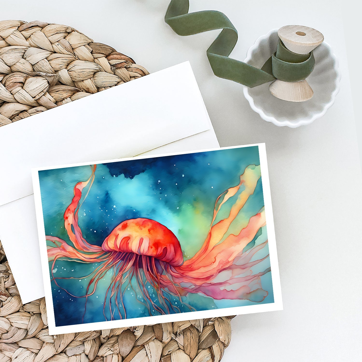 Jellyfish Greeting Cards Pack of 8 Blank Cards with Envelopes Whimsical A7 Size 5x7