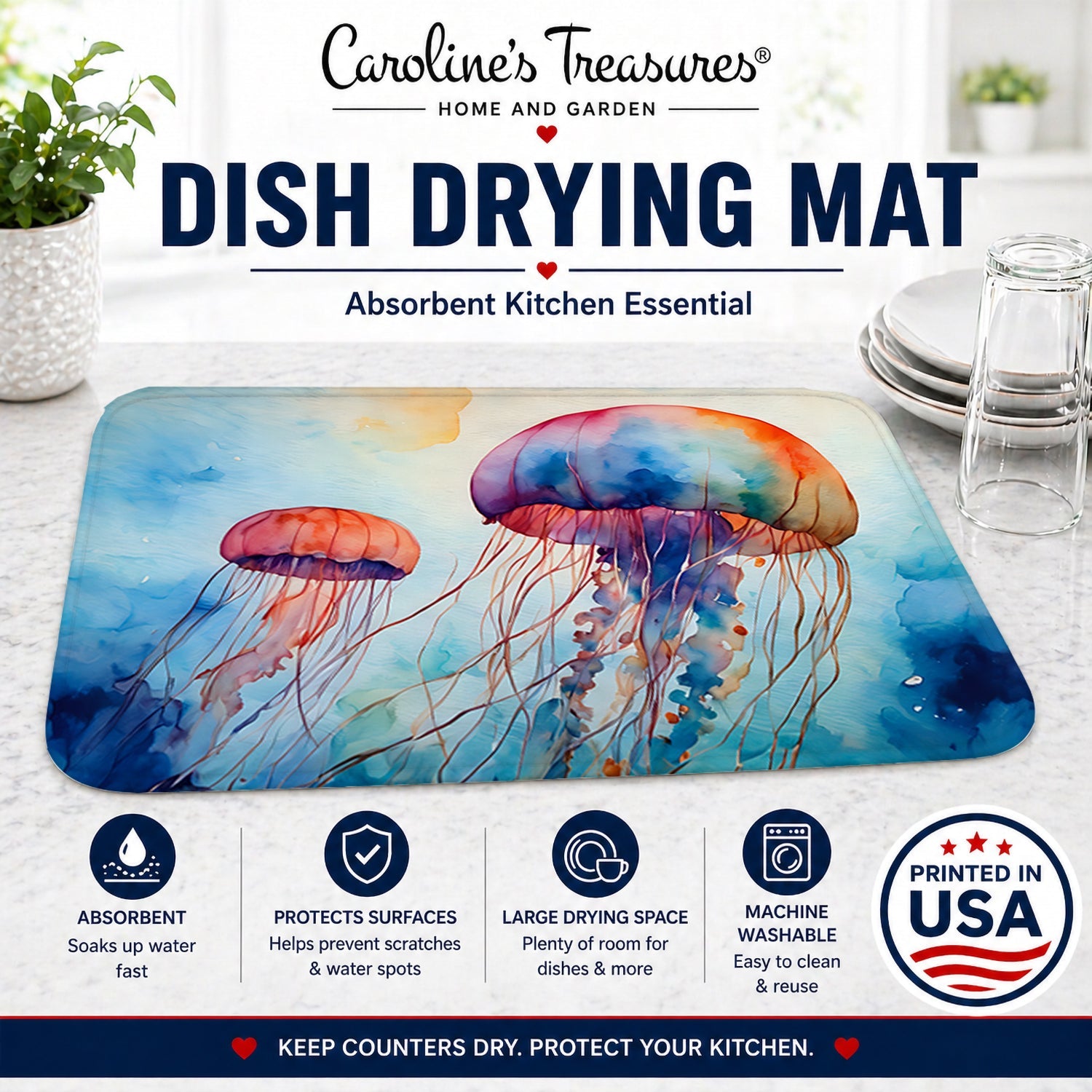 Jellyfish Dish Drying Mat Absorbent Dish Drying Mat Pad for Kitchen Counter Dish Drainer Mat for Countertop, 14 x 21", Multicolor