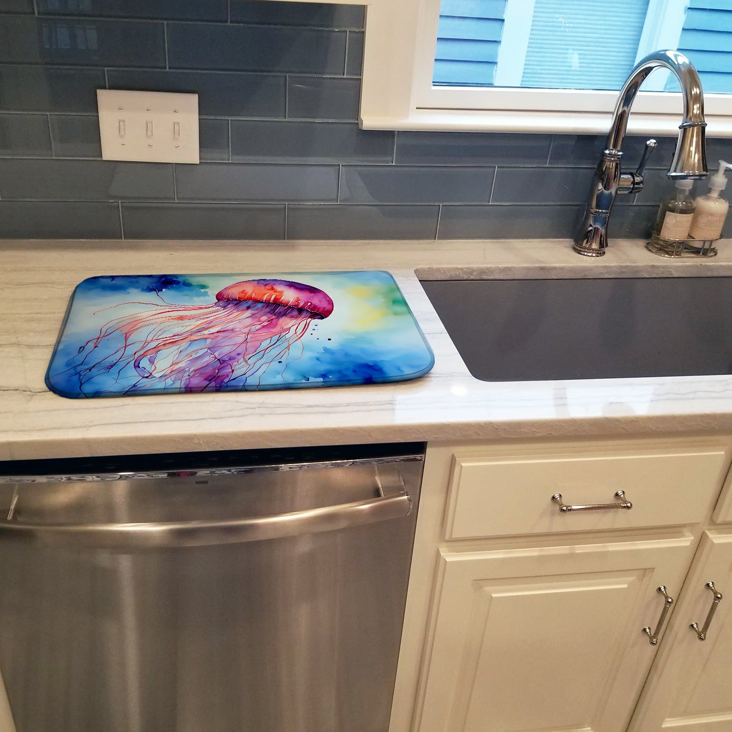 Jellyfish Dish Drying Mat Absorbent Dish Drying Mat Pad for Kitchen Counter Dish Drainer Mat for Countertop, 14 x 21", Multicolor