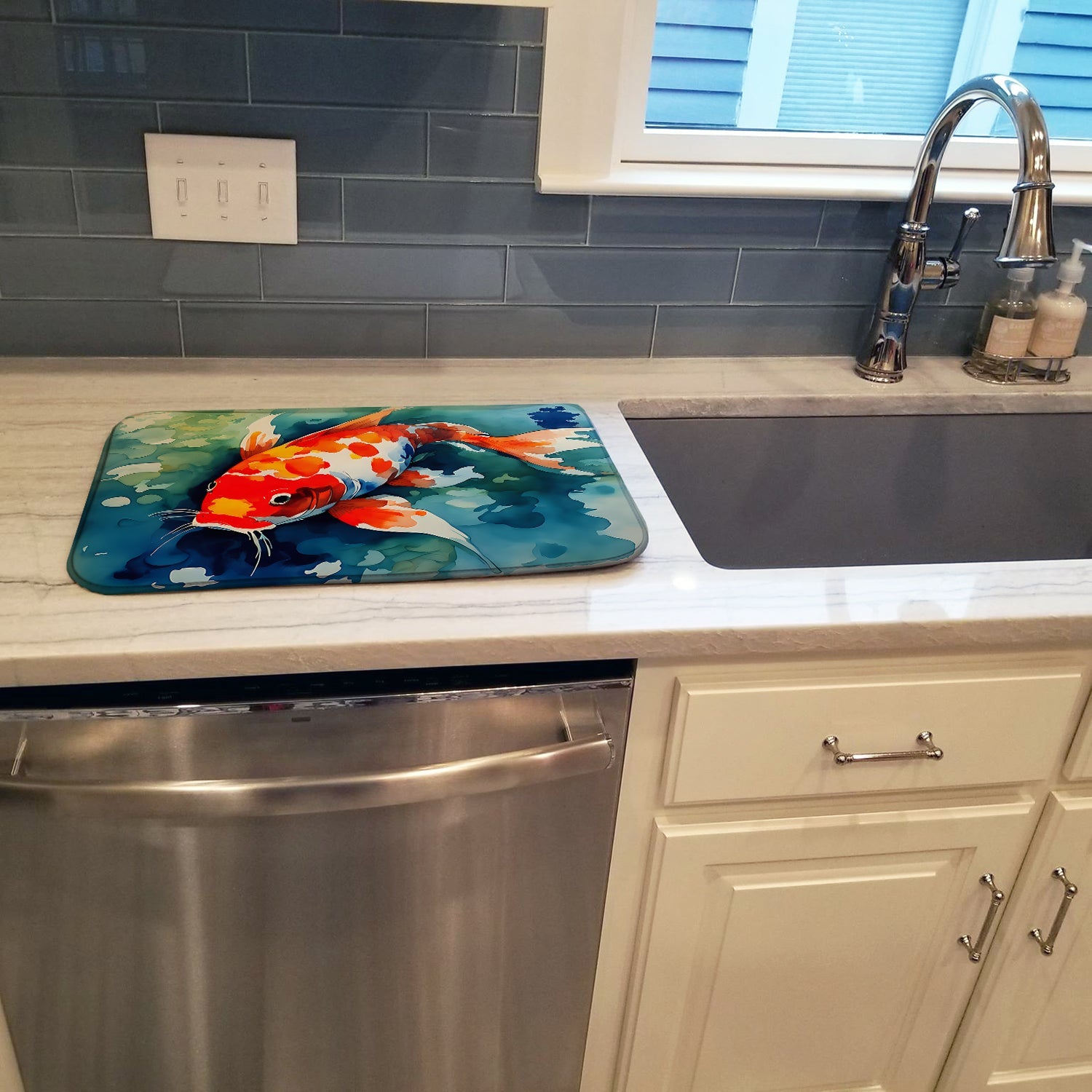 Koi Fish Dish Drying Mat Absorbent Dish Drying Mat Pad for Kitchen Counter Dish Drainer Mat for Countertop, 14 x 21", Multicolor