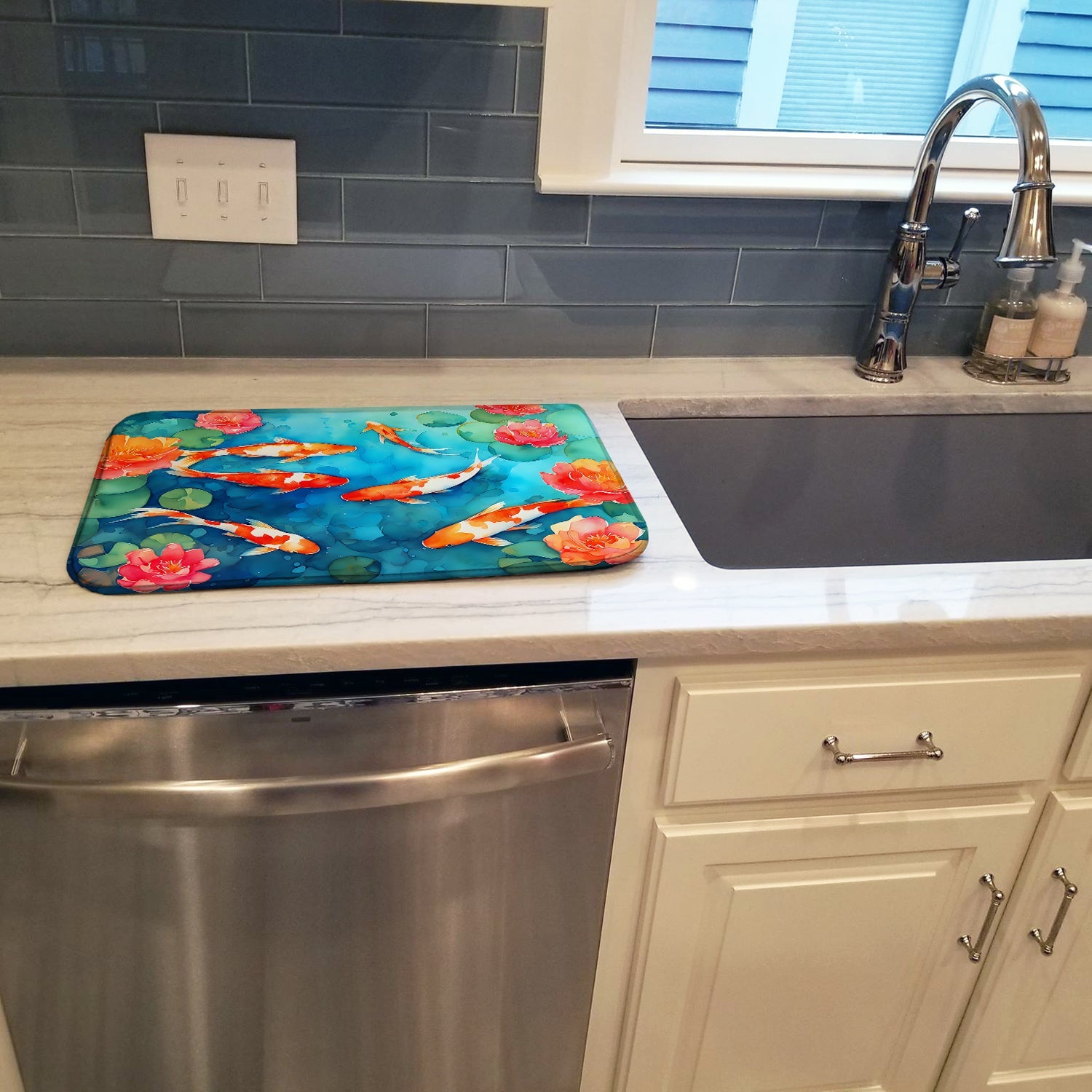 Koi Fish Dish Drying Mat Absorbent Dish Drying Mat Pad for Kitchen Counter Dish Drainer Mat for Countertop, 14 x 21", Multicolor