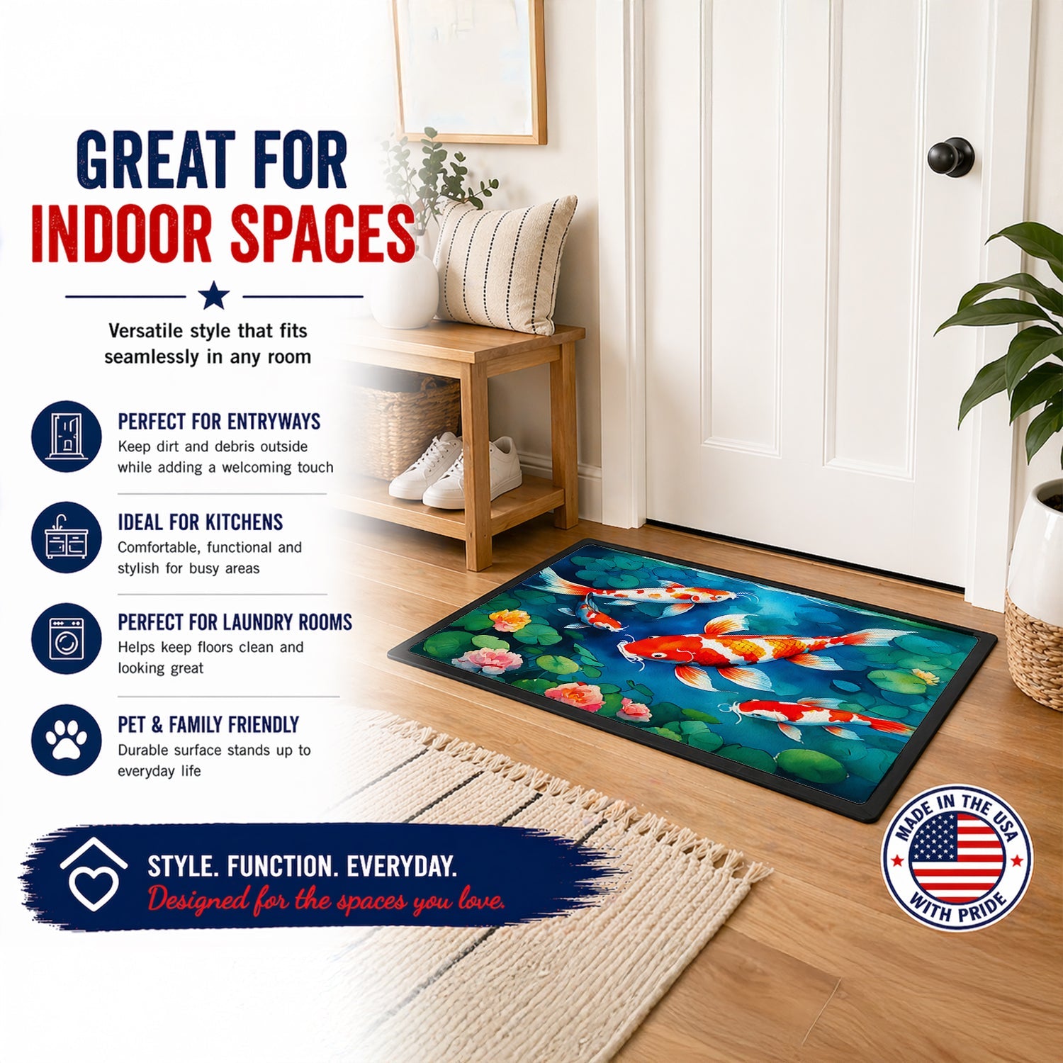 Koi Fish Doormat Indoor Outdoor 24H X 36W Front Door Mat Rugs for Entryway, Non Slip Washable Low Pile,