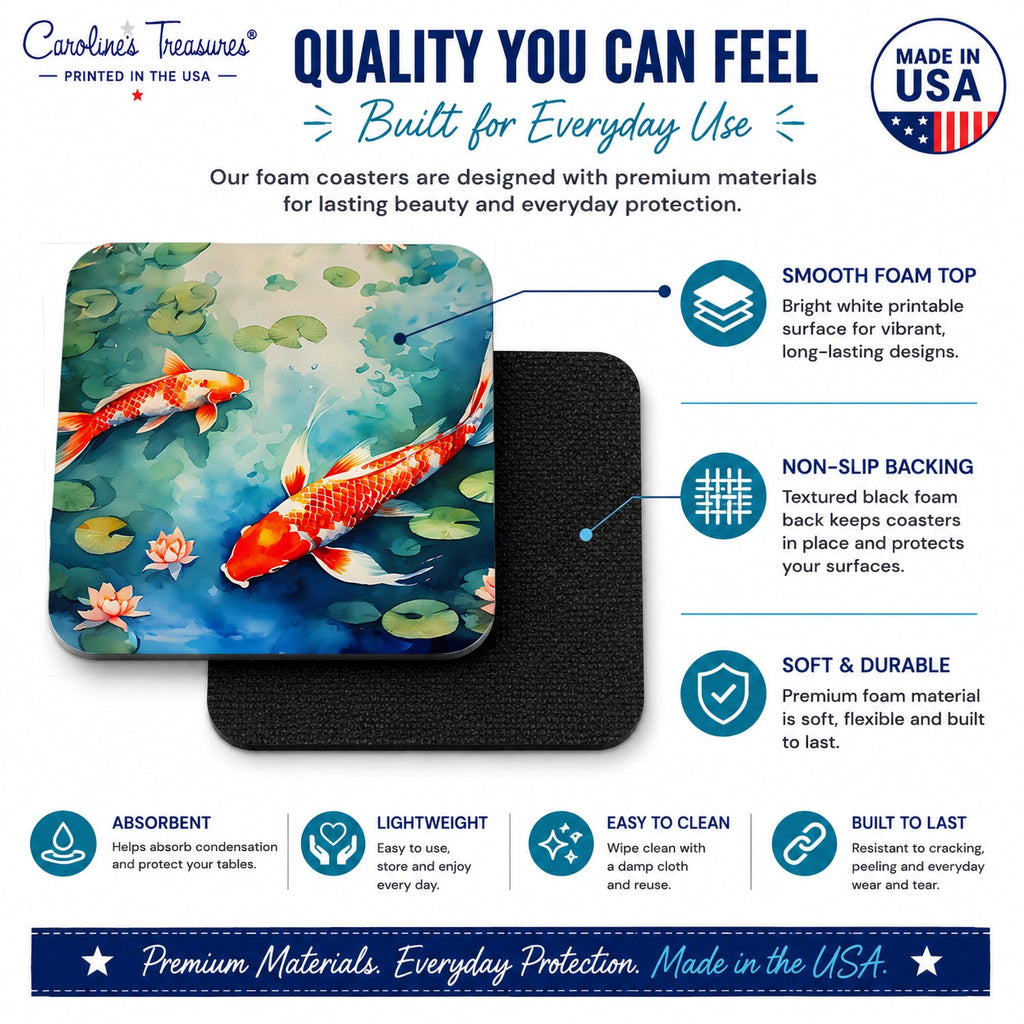 Koi Fish Foam Coasters Set of 4 Cup Coasters for Indoor Outdoor, Tabletop Protection, Anti Slip, Mouse pad Material