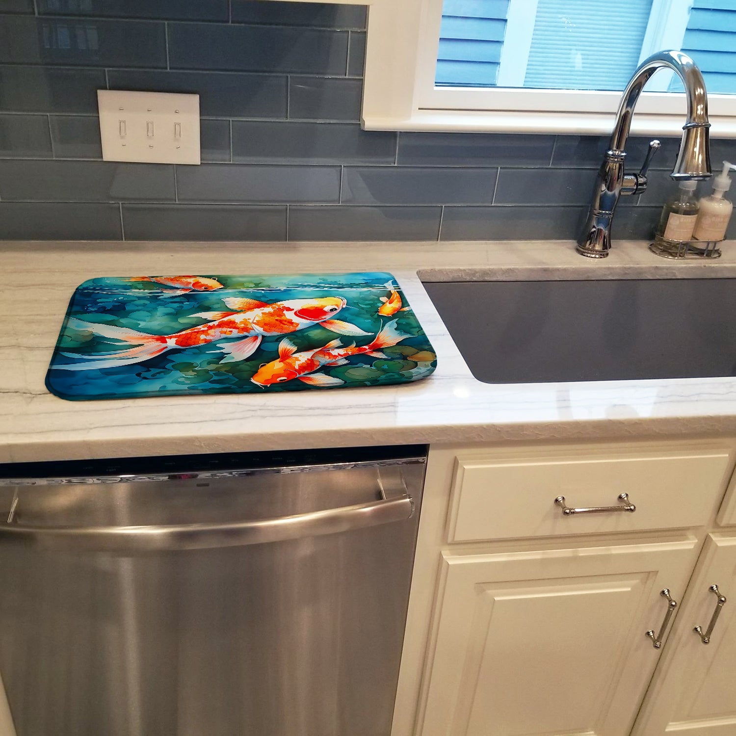 Koi Fish Dish Drying Mat Absorbent Dish Drying Mat Pad for Kitchen Counter Dish Drainer Mat for Countertop, 14 x 21", Multicolor