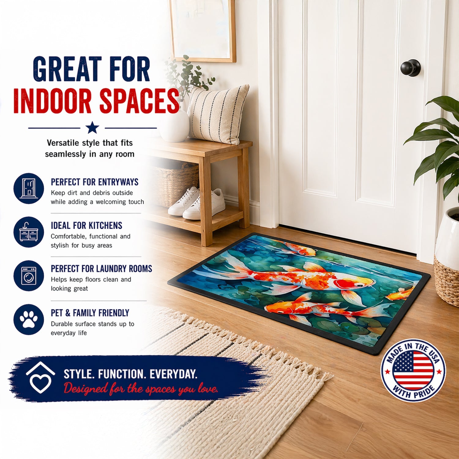 Koi Fish Doormat Indoor Outdoor 24H X 36W Front Door Mat Rugs for Entryway, Non Slip Washable Low Pile,