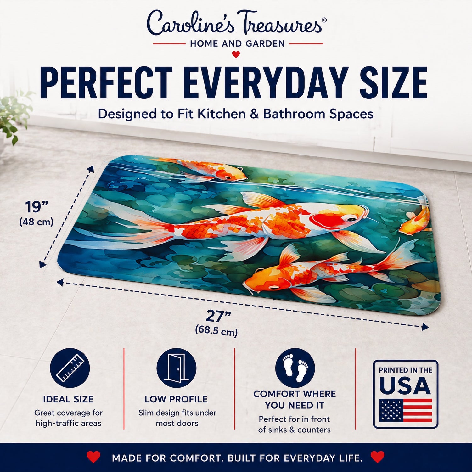 Koi Fish Memory Foam Kitchen Mat Machine Washable Anti-Fatigue Cushion Comfort Bath or Kitchen Rug