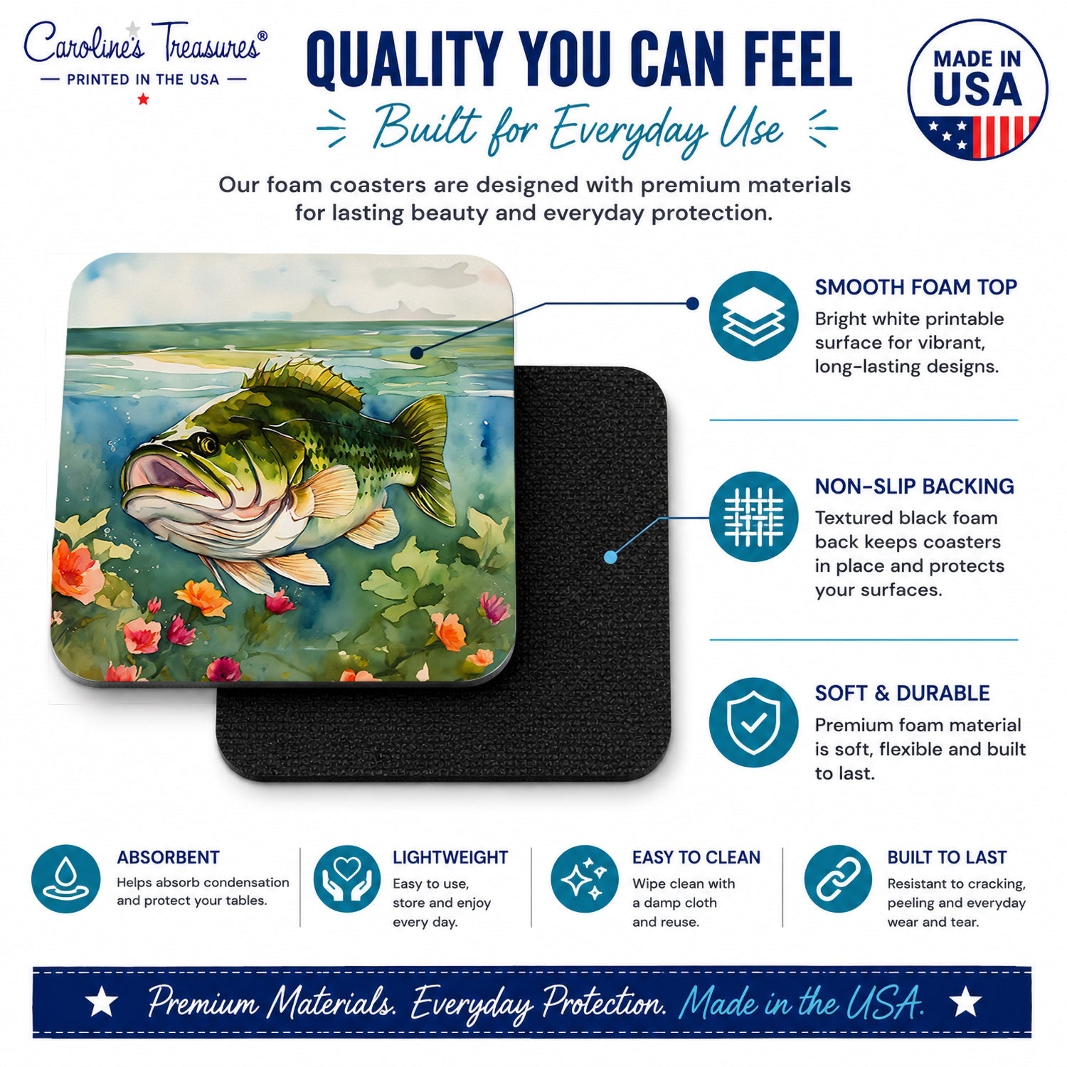 Largemouth Bass Foam Coasters Set of 4 Cup Coasters for Indoor Outdoor, Tabletop Protection, Anti Slip, Mouse pad Material