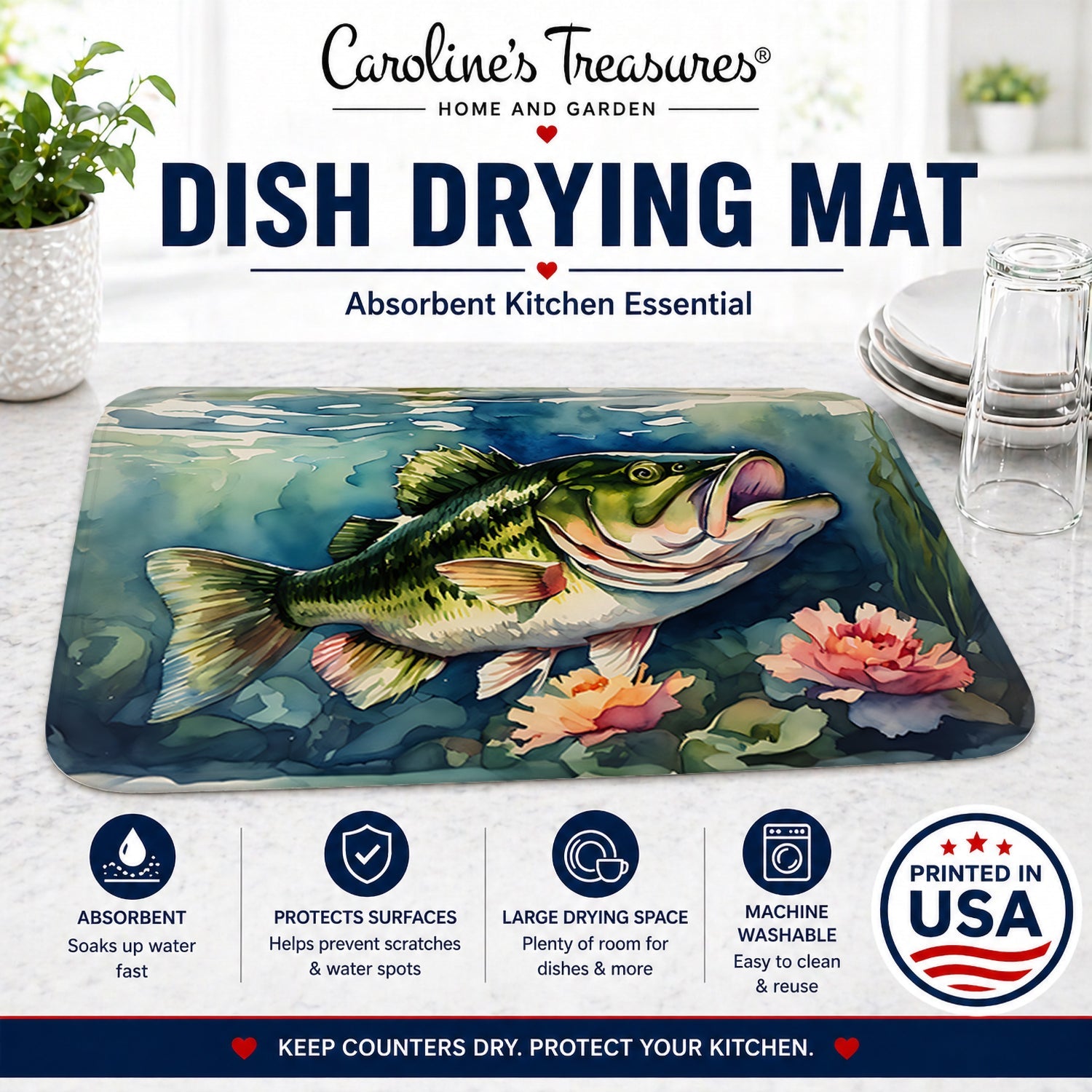 Largemouth Bass Dish Drying Mat Absorbent Dish Drying Mat Pad for Kitchen Counter Dish Drainer Mat for Countertop, 14 x 21", Multicolor