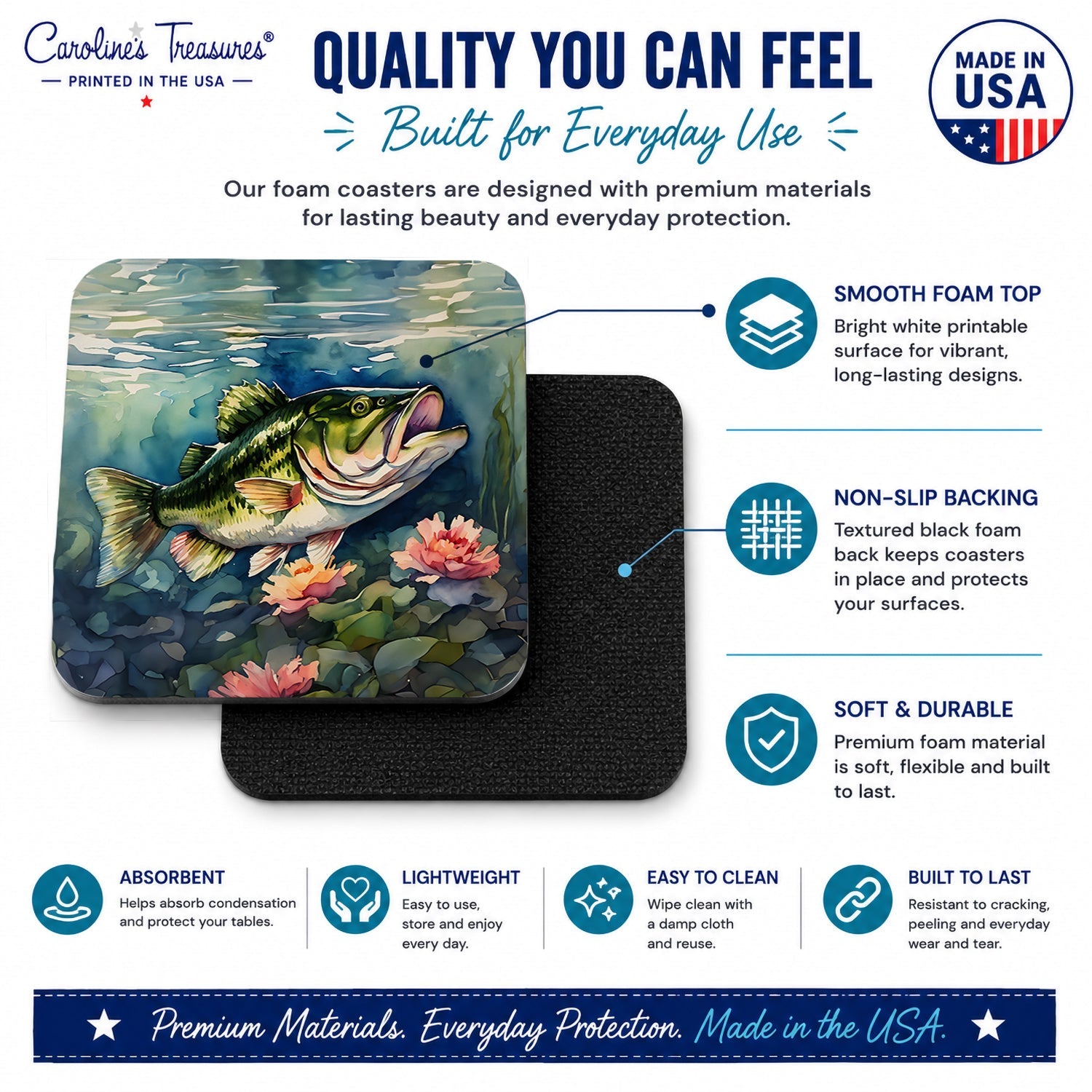 Largemouth Bass Foam Coasters Set of 4 Cup Coasters for Indoor Outdoor, Tabletop Protection, Anti Slip, Mouse pad Material