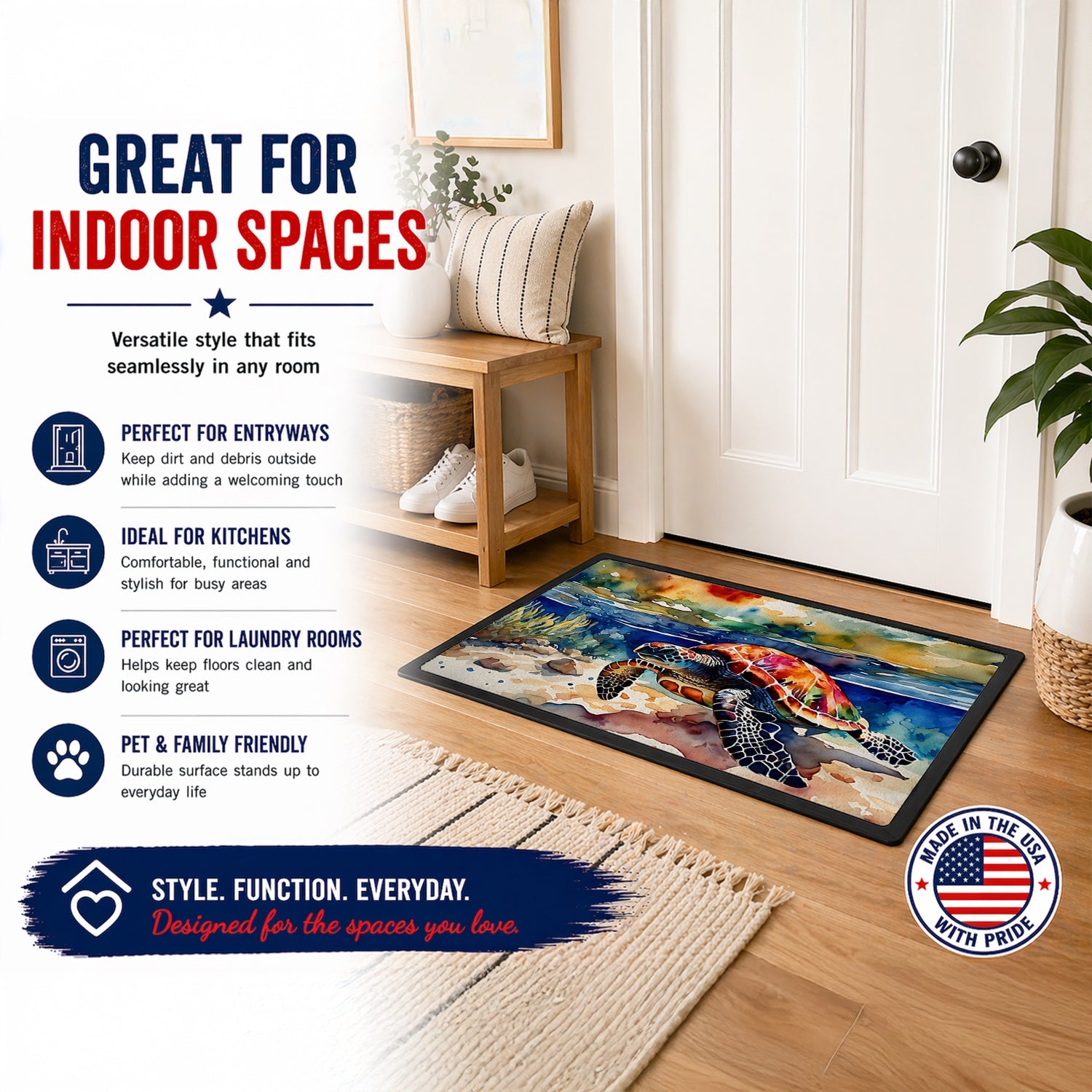 Loggerhead Sea Turtle Doormat Indoor Outdoor 18H X 27W Front Door Mat Rugs for Entryway, Non Slip Washable