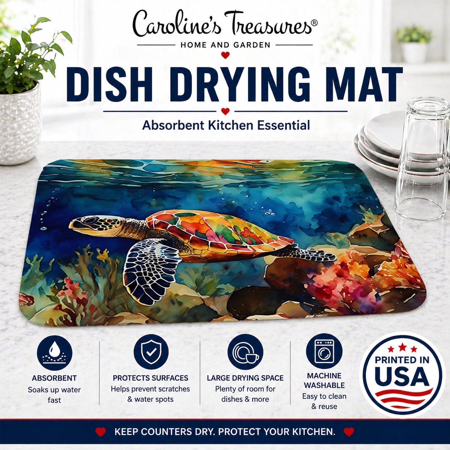 Loggerhead Sea Turtle Dish Drying Mat Absorbent Dish Drying Mat Pad for Kitchen Counter Dish Drainer Mat for Countertop, 14 x 21", Multicolor