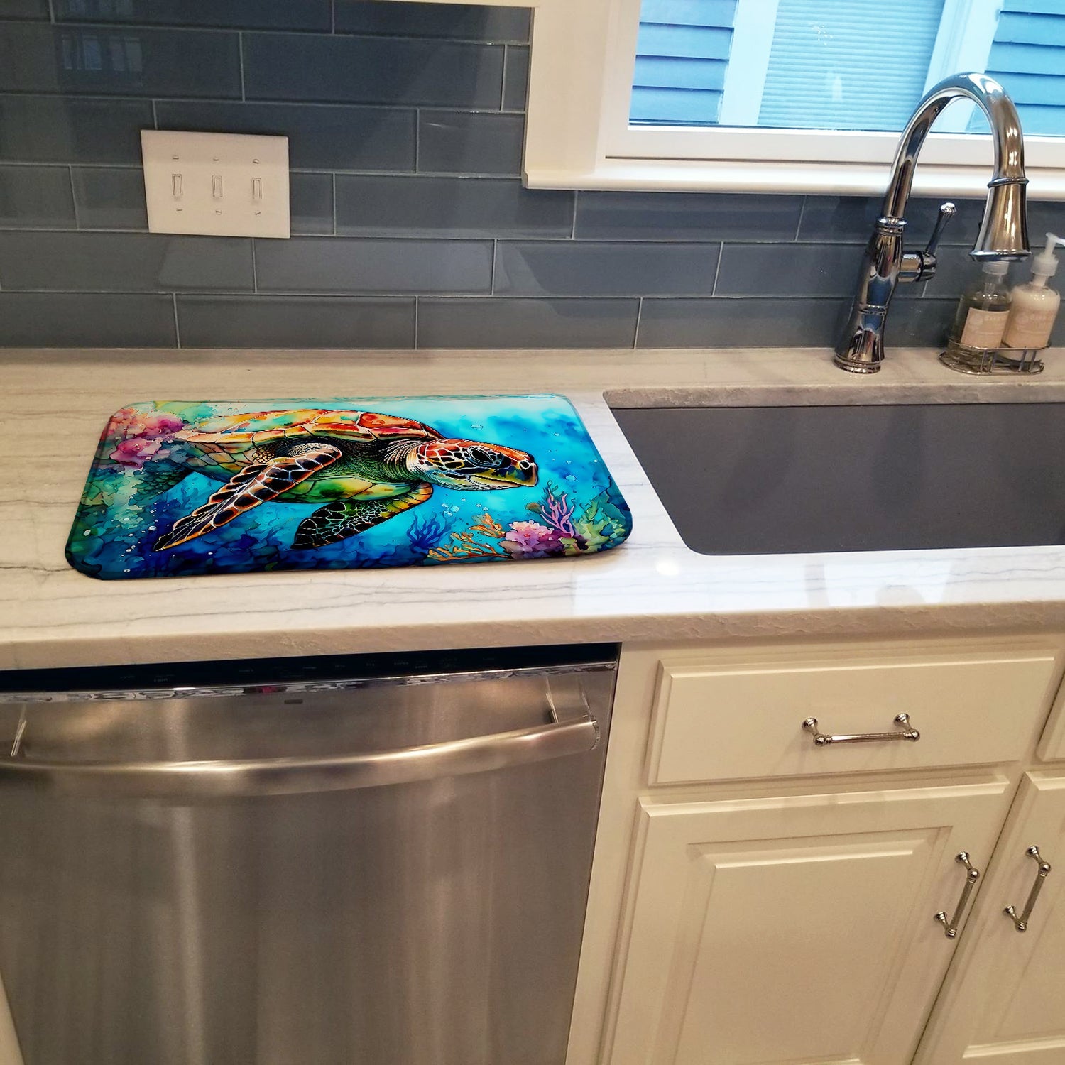Loggerhead Sea Turtle Dish Drying Mat Absorbent Dish Drying Mat Pad for Kitchen Counter Dish Drainer Mat for Countertop, 14 x 21", Multicolor