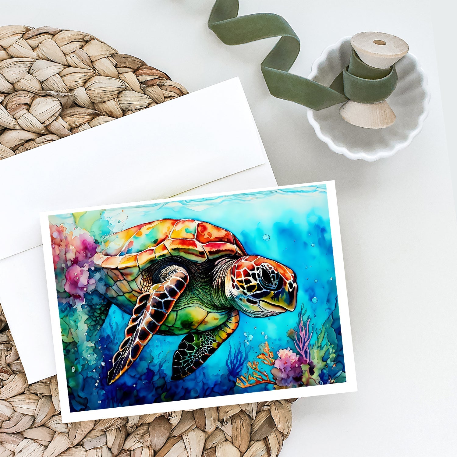 Loggerhead Sea Turtle Greeting Cards Pack of 8 Blank Cards with Envelopes Whimsical A7 Size 5x7