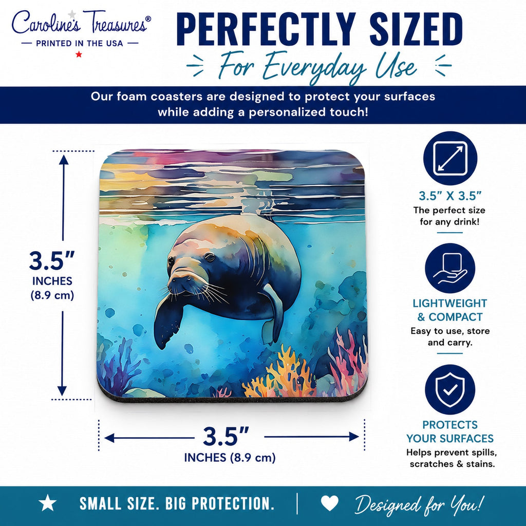 Manatee Foam Coasters Set of 4 Cup Coasters for Indoor Outdoor, Tabletop Protection, Anti Slip, Mouse pad Material