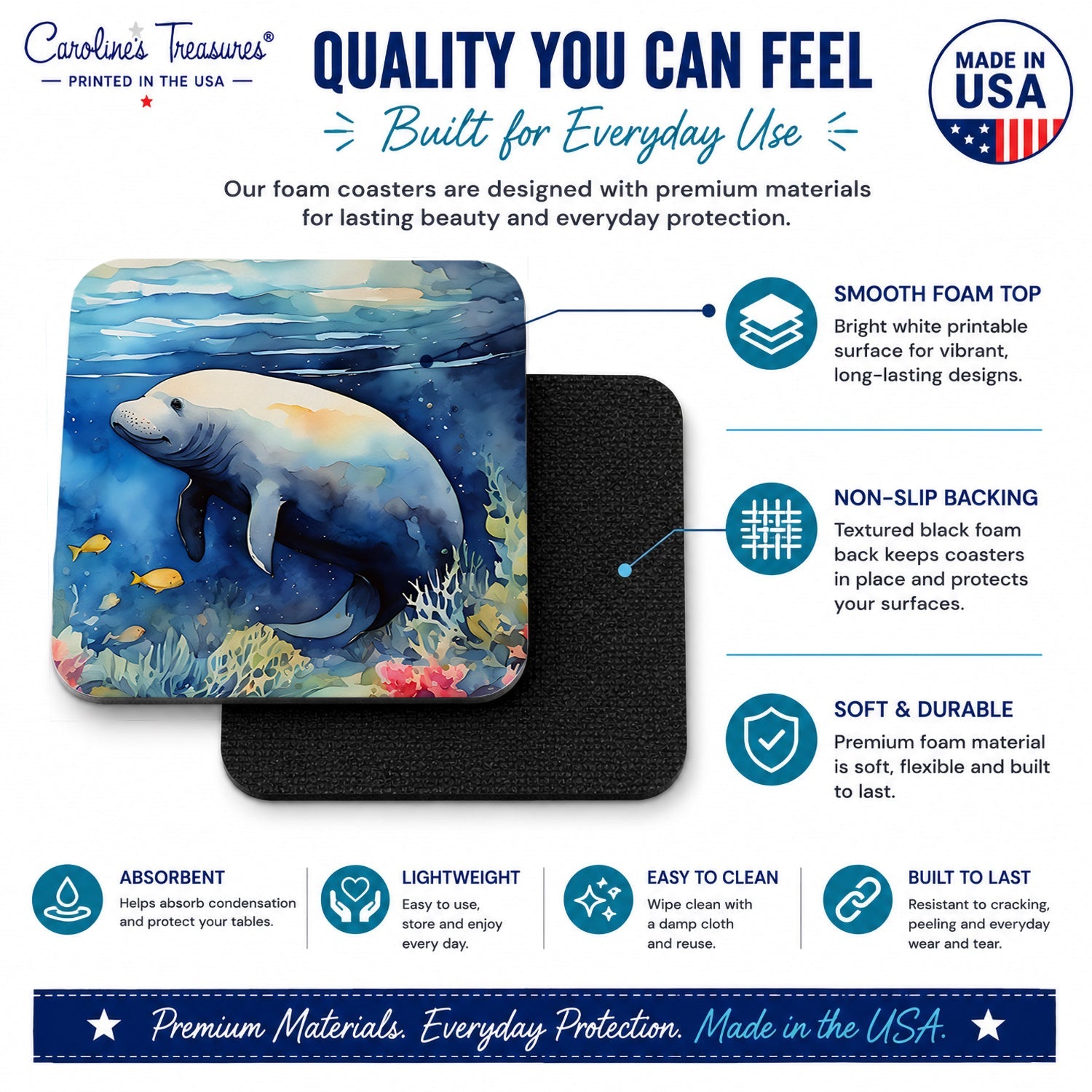 Manatee Foam Coasters Set of 4 Cup Coasters for Indoor Outdoor, Tabletop Protection, Anti Slip, Mouse pad Material