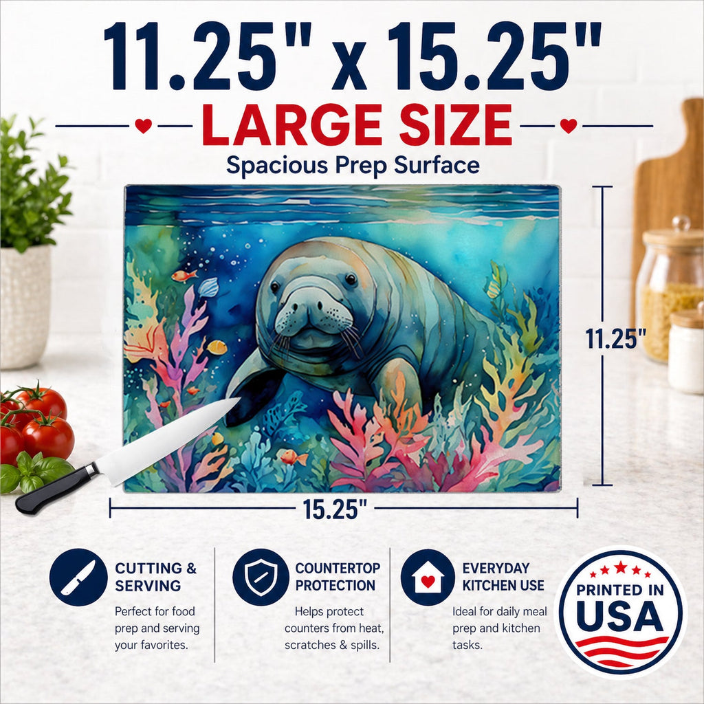 Manatee Cutting Board Tempered Glass Kitchen Cutting Surface, Heat Resistant Chopping, Non-Slip Feet, Food Prep & Serving