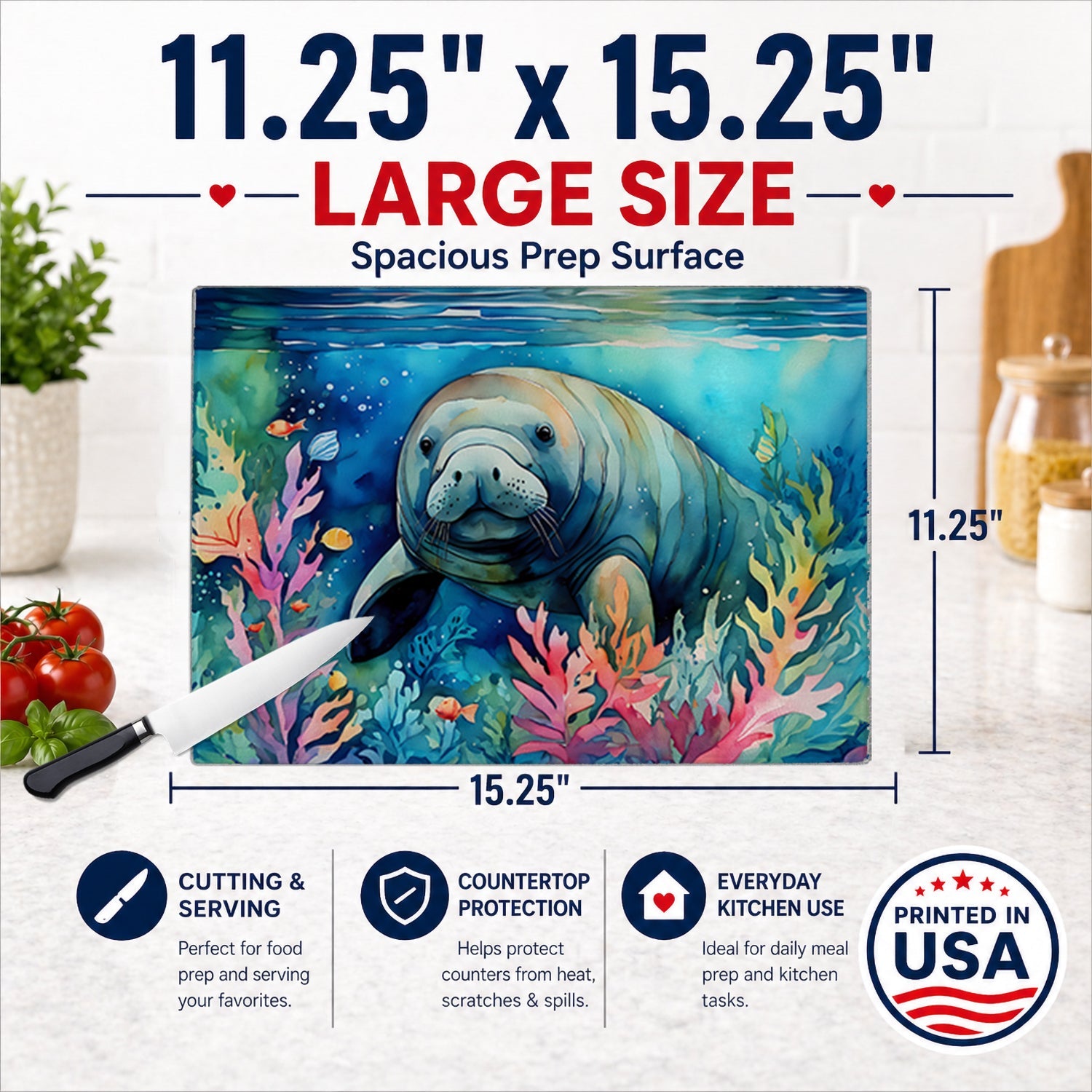 Manatee Cutting Board Tempered Glass Kitchen Cutting Surface, Heat Resistant Chopping, Non-Slip Feet, Food Prep & Serving
