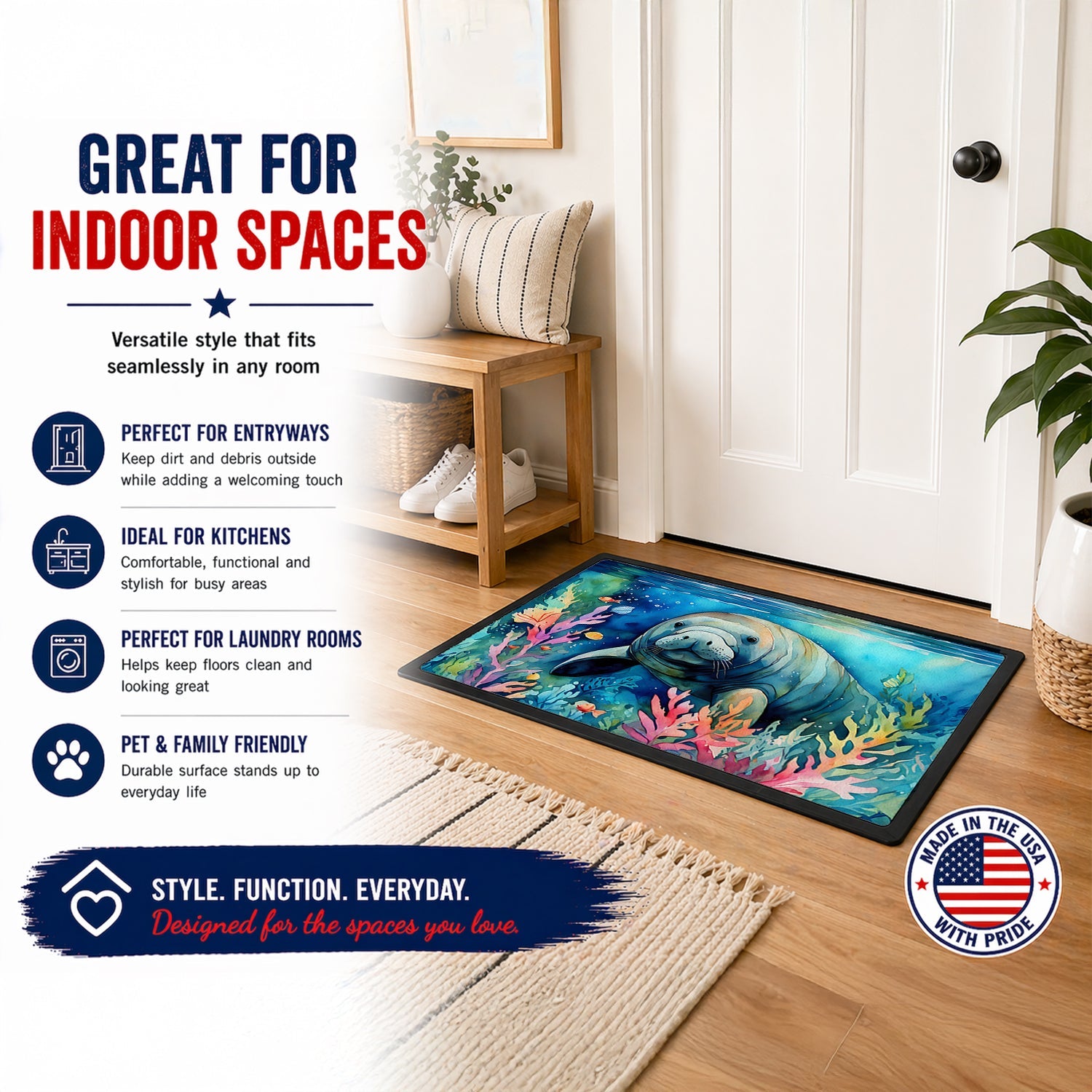 Manatee Doormat Indoor Outdoor 18H X 27W Front Door Mat Rugs for Entryway, Non Slip Washable