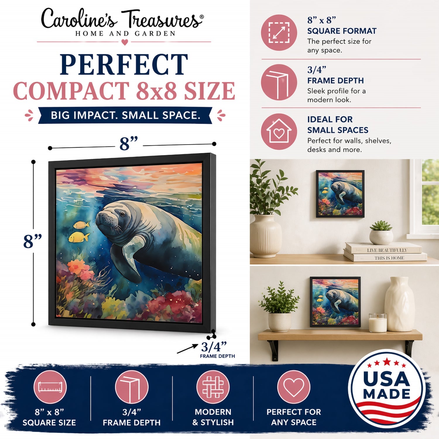 Manatee Framed Metal Print Bathroom, Kitchen, Office, Home Decor Wall Art Ready to Hang, Square, 8X8