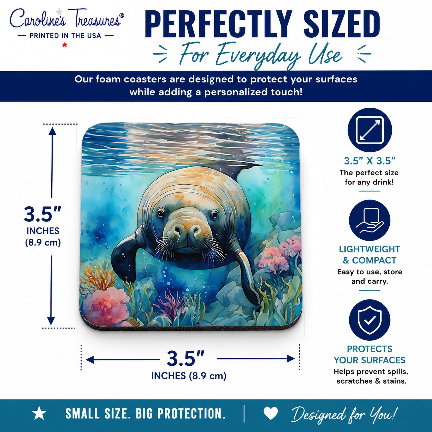 Manatee Foam Coasters Set of 4 Cup Coasters for Indoor Outdoor, Tabletop Protection, Anti Slip, Mouse pad Material