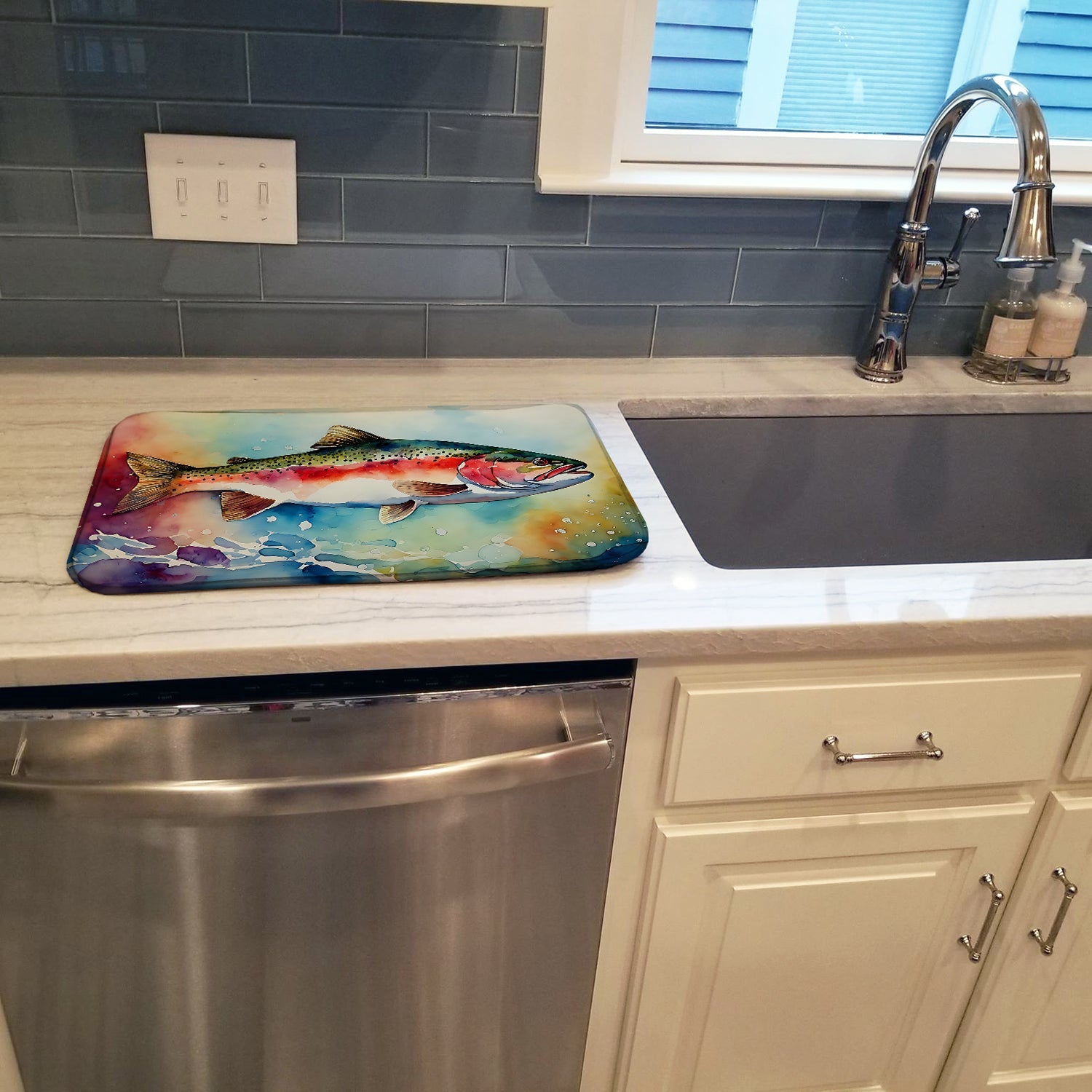 Rainbow Trout Dish Drying Mat Absorbent Dish Drying Mat Pad for Kitchen Counter Dish Drainer Mat for Countertop, 14 x 21", Multicolor