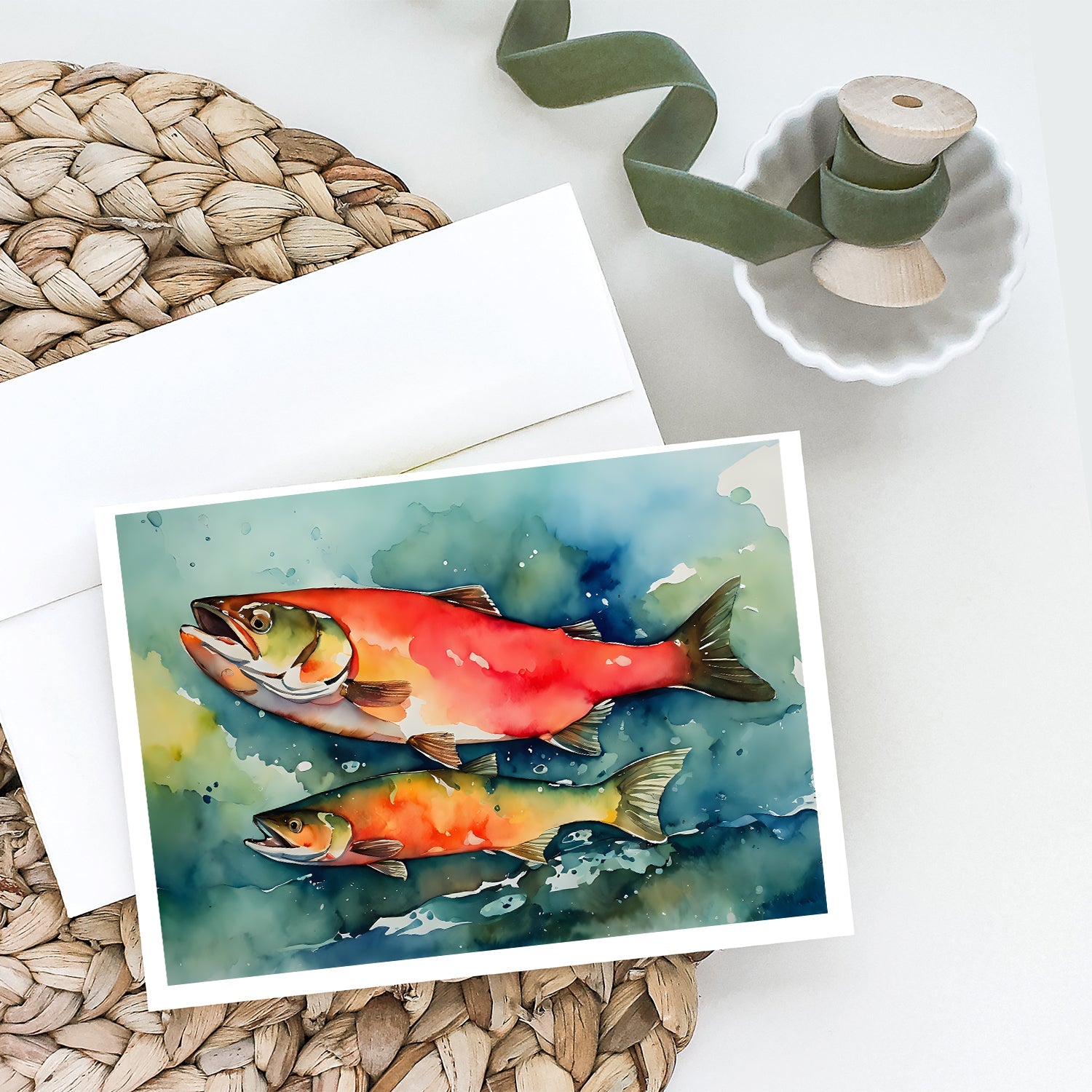 Salmon Greeting Cards Pack of 8 Blank Cards with Envelopes Whimsical A7 Size 5x7