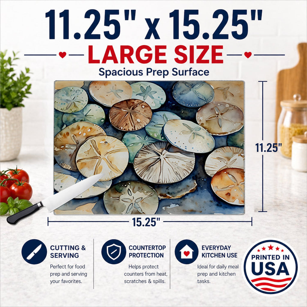 Sand Dollars Cutting Board Tempered Glass Kitchen Cutting Surface, Heat Resistant Chopping, Non-Slip Feet, Food Prep & Serving