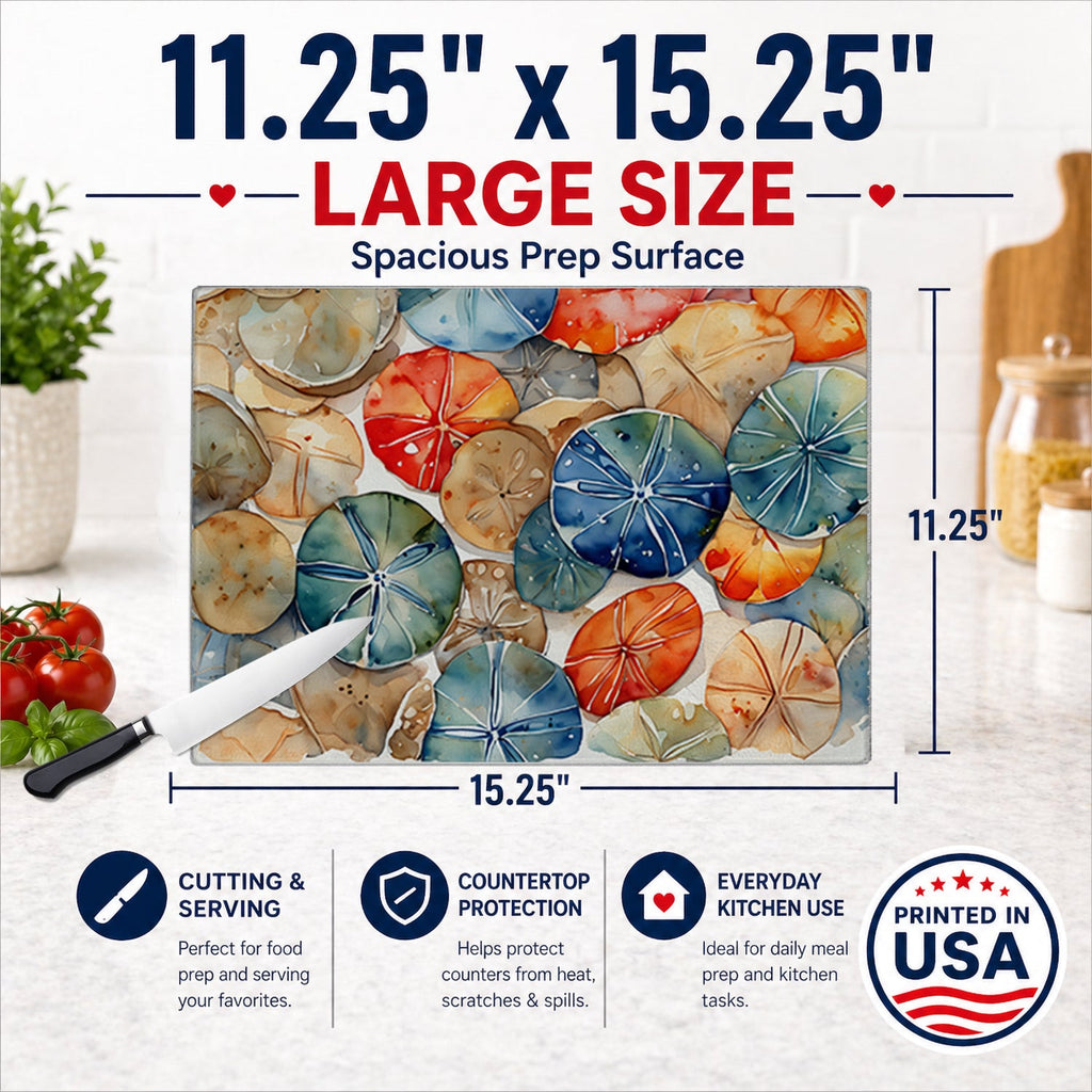 Sand Dollars Cutting Board Tempered Glass Kitchen Cutting Surface, Heat Resistant Chopping, Non-Slip Feet, Food Prep & Serving