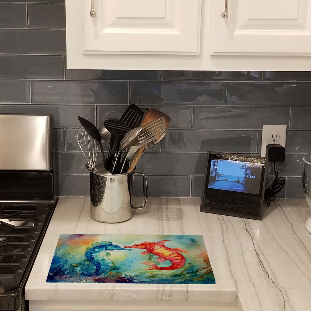Seahorses Cutting Board Tempered Glass Kitchen Cutting Surface, Heat Resistant Chopping, Non-Slip Feet, Food Prep & Serving