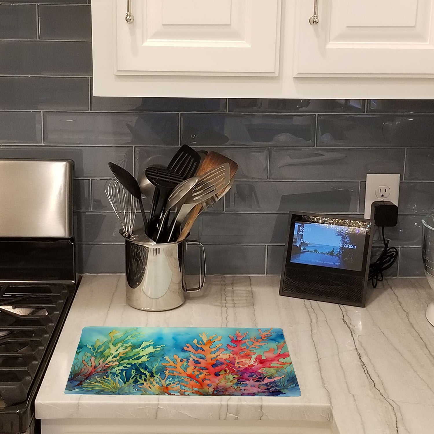 Seaweed Cutting Board Tempered Glass Kitchen Cutting Surface, Heat Resistant Chopping, Non-Slip Feet, Food Prep & Serving
