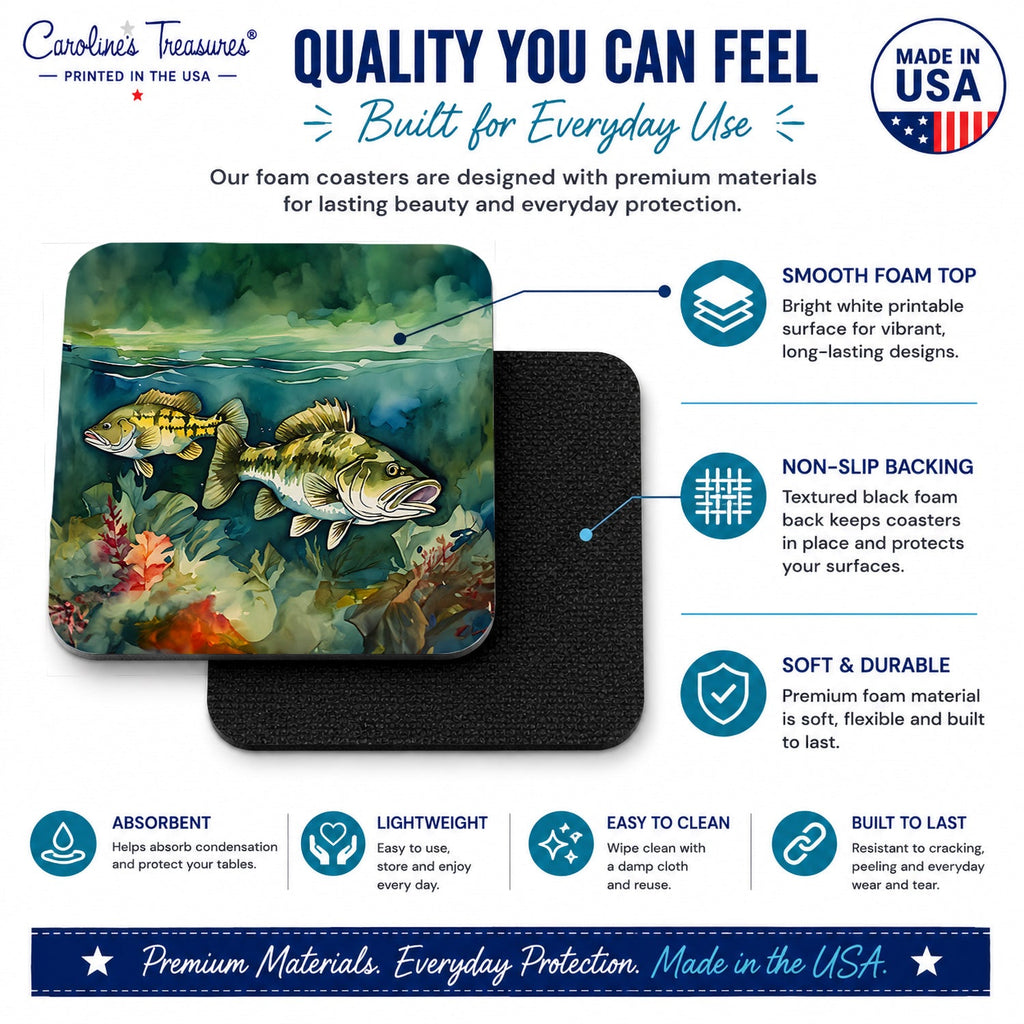 Smallmouth Bass Foam Coasters Set of 4 Cup Coasters for Indoor Outdoor, Tabletop Protection, Anti Slip, Mouse pad Material
