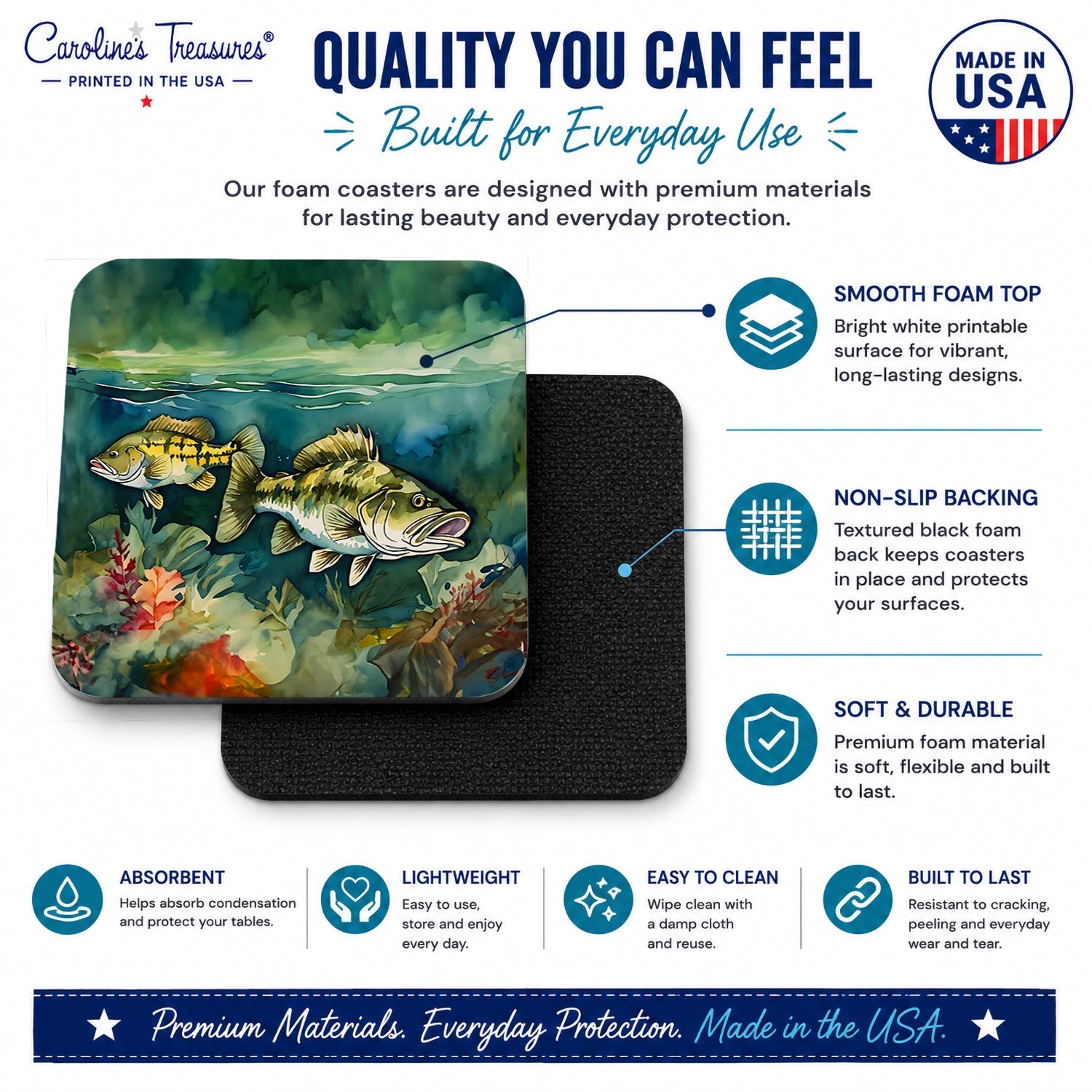 Smallmouth Bass Foam Coasters Set of 4 Cup Coasters for Indoor Outdoor, Tabletop Protection, Anti Slip, Mouse pad Material