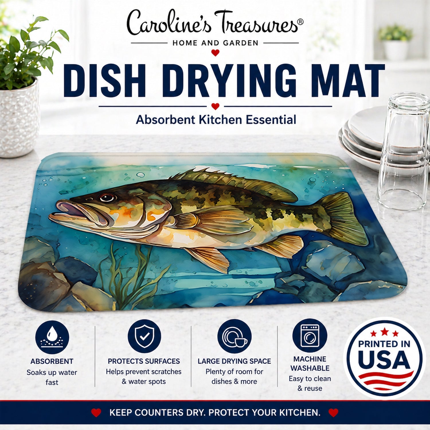 Smallmouth Bass Dish Drying Mat Absorbent Dish Drying Mat Pad for Kitchen Counter Dish Drainer Mat for Countertop, 14 x 21", Multicolor