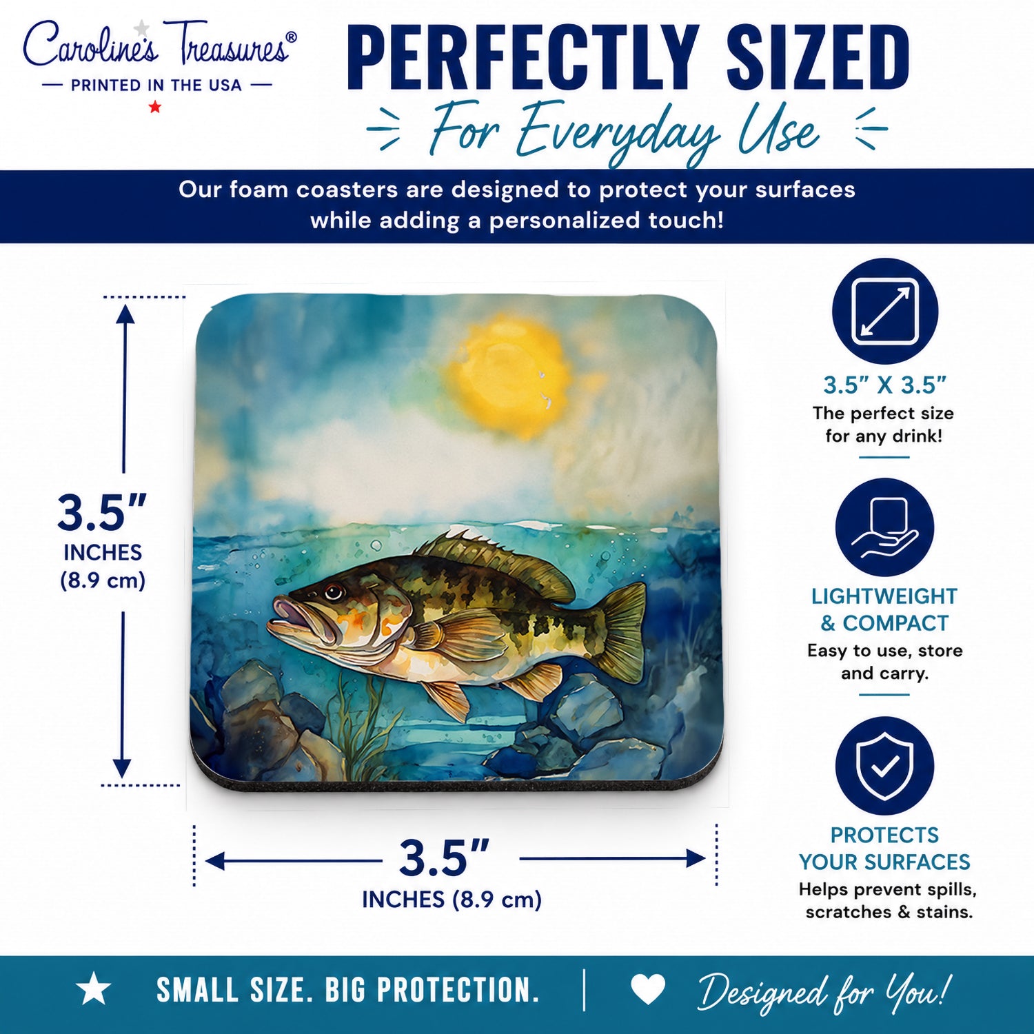 Smallmouth Bass Foam Coasters Set of 4 Cup Coasters for Indoor Outdoor, Tabletop Protection, Anti Slip, Mouse pad Material