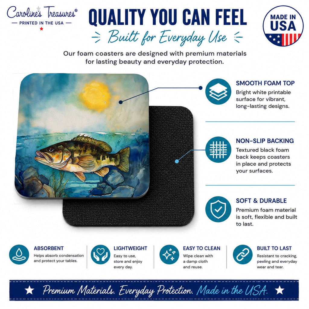 Smallmouth Bass Foam Coasters Set of 4 Cup Coasters for Indoor Outdoor, Tabletop Protection, Anti Slip, Mouse pad Material