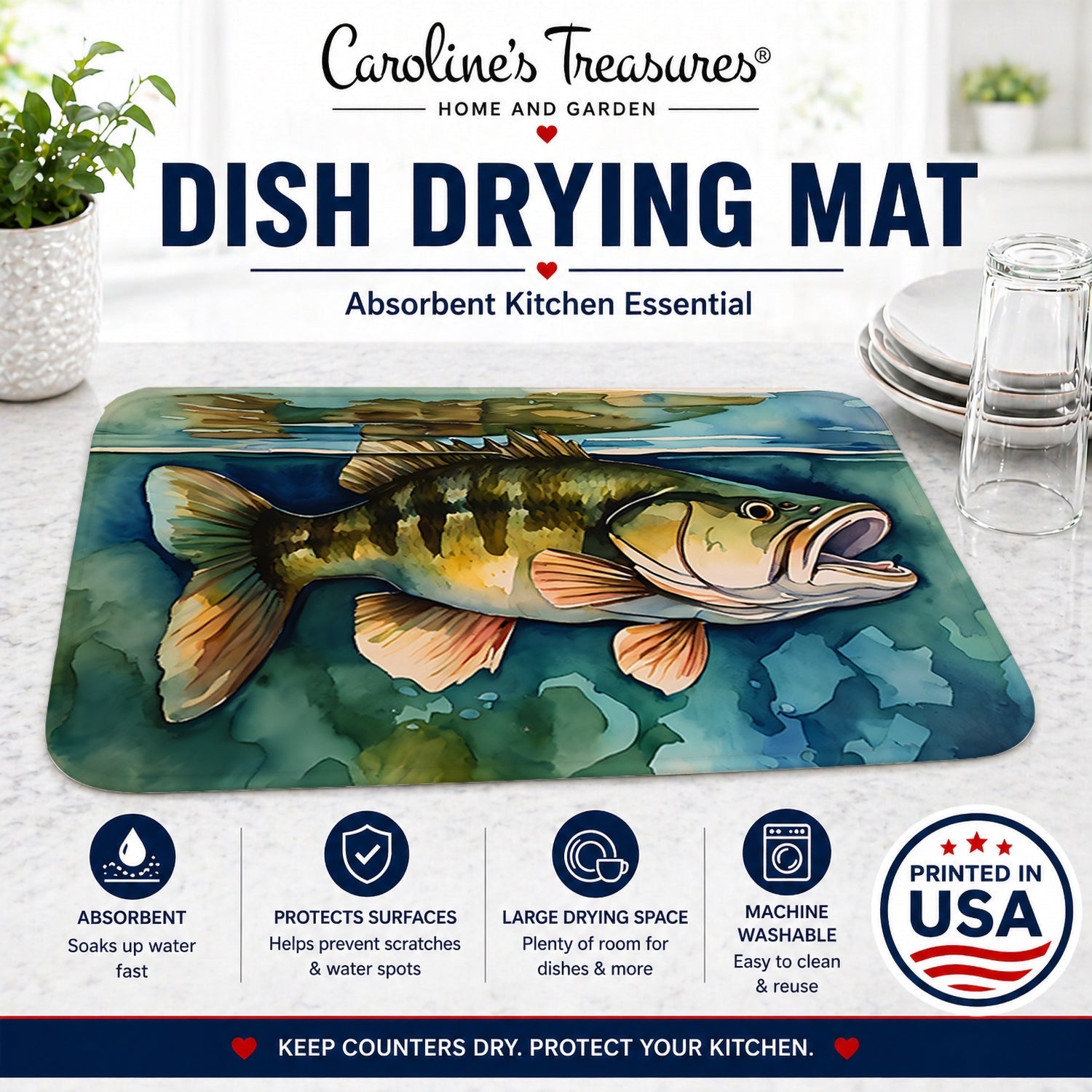 Smallmouth Bass Dish Drying Mat Absorbent Dish Drying Mat Pad for Kitchen Counter Dish Drainer Mat for Countertop, 14 x 21", Multicolor