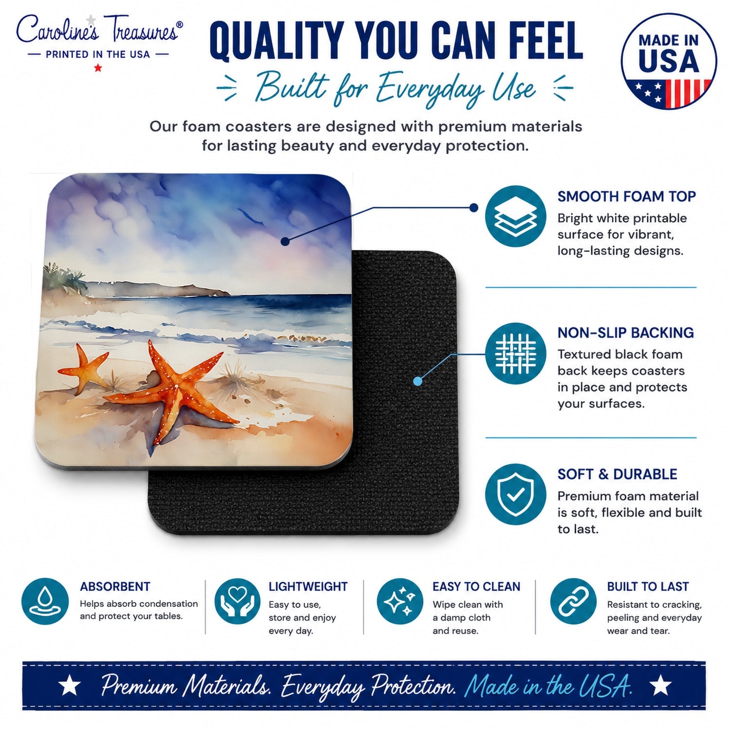 Starfish Foam Coasters Set of 4 Cup Coasters for Indoor Outdoor, Tabletop Protection, Anti Slip, Mouse pad Material