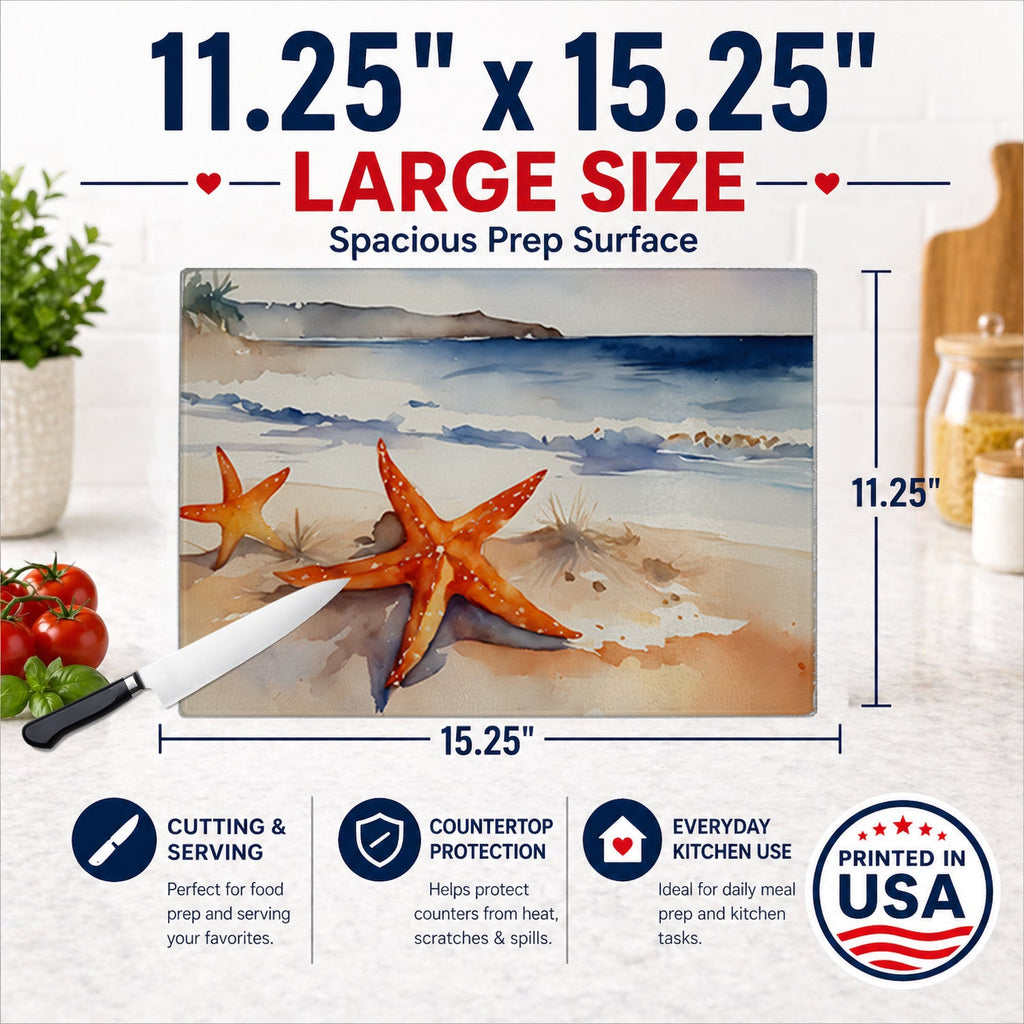 Starfish Cutting Board Tempered Glass Kitchen Cutting Surface, Heat Resistant Chopping, Non-Slip Feet, Food Prep & Serving