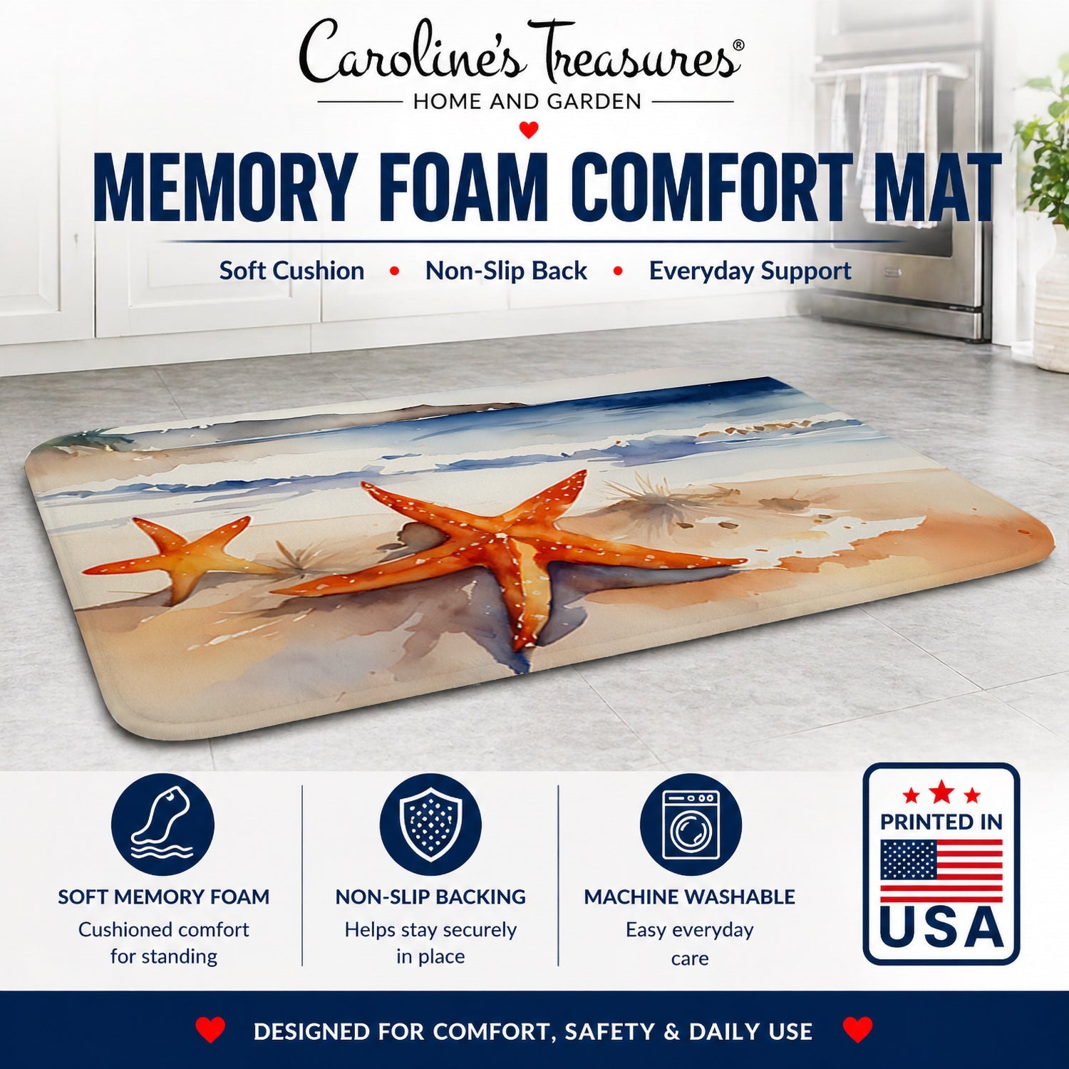 Starfish Memory Foam Kitchen Mat Machine Washable Anti-Fatigue Cushion Comfort Bath or Kitchen Rug