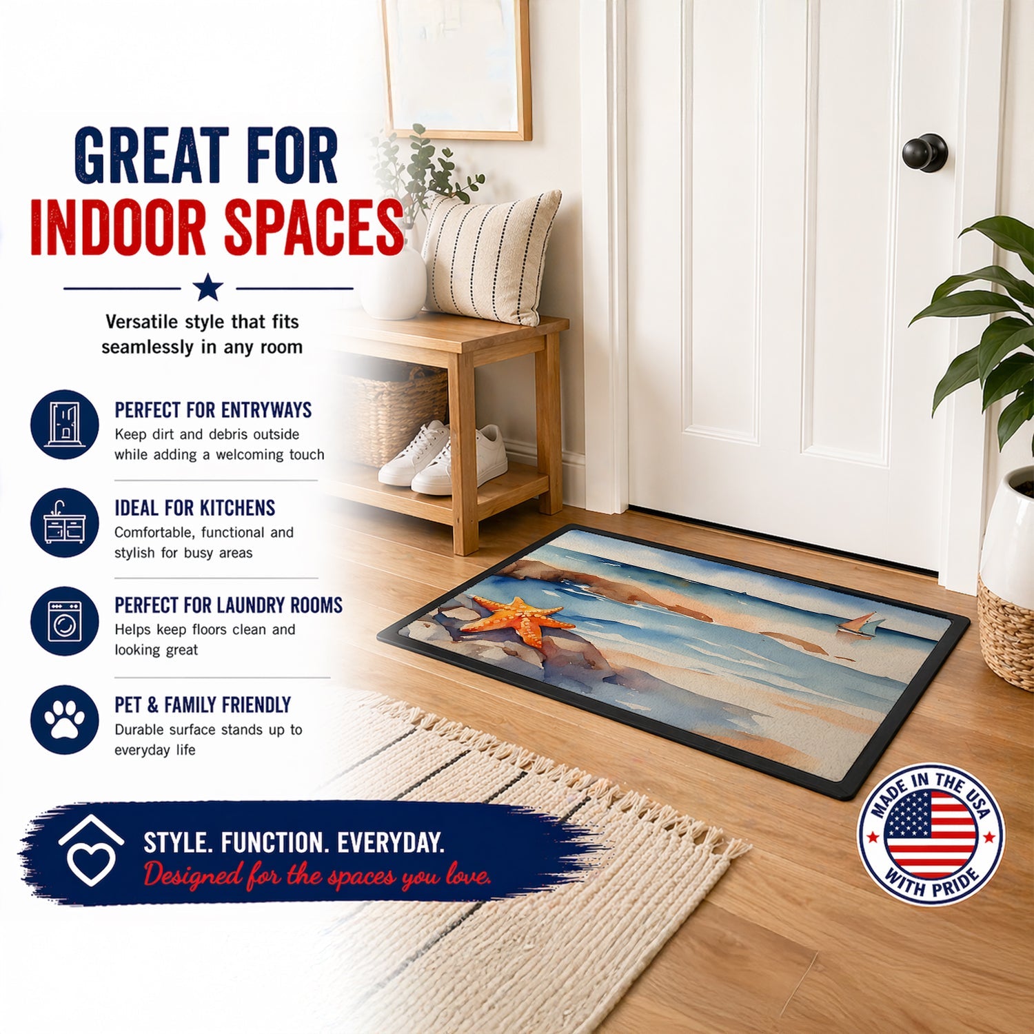 Starfish Doormat Indoor Outdoor 24H X 36W Front Door Mat Rugs for Entryway, Non Slip Washable Low Pile,