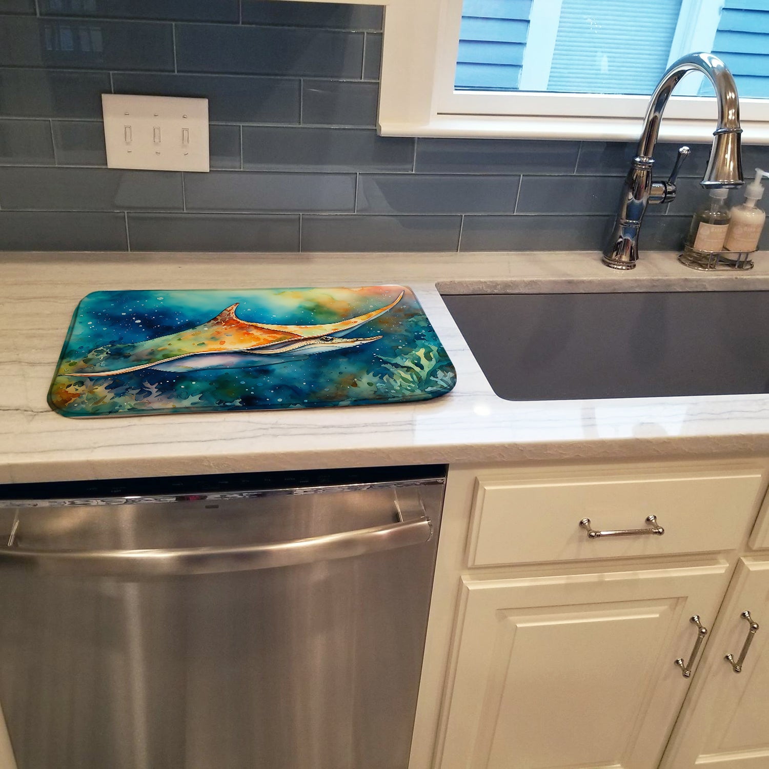 Sting Ray Dish Drying Mat Absorbent Dish Drying Mat Pad for Kitchen Counter Dish Drainer Mat for Countertop, 14 x 21", Multicolor