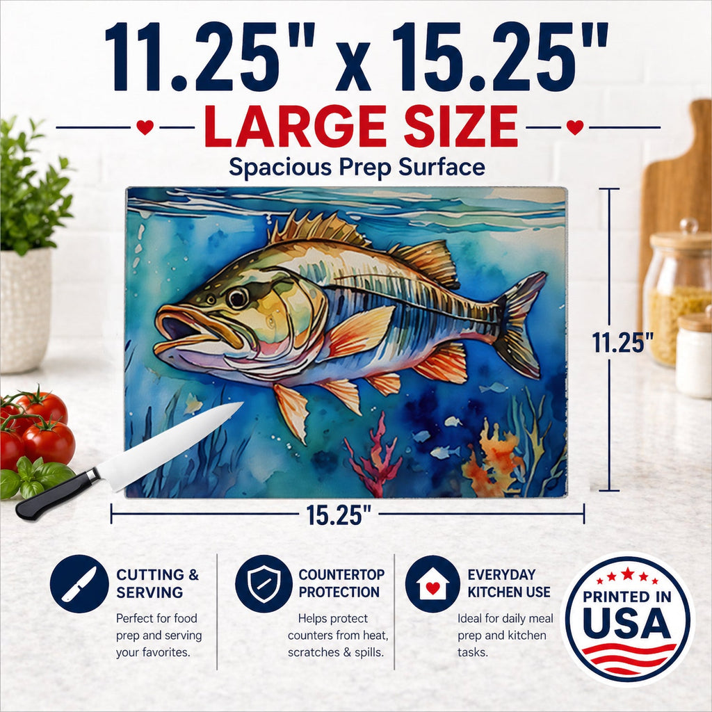 Striped Bass Cutting Board Tempered Glass Kitchen Cutting Surface, Heat Resistant Chopping, Non-Slip Feet, Food Prep & Serving