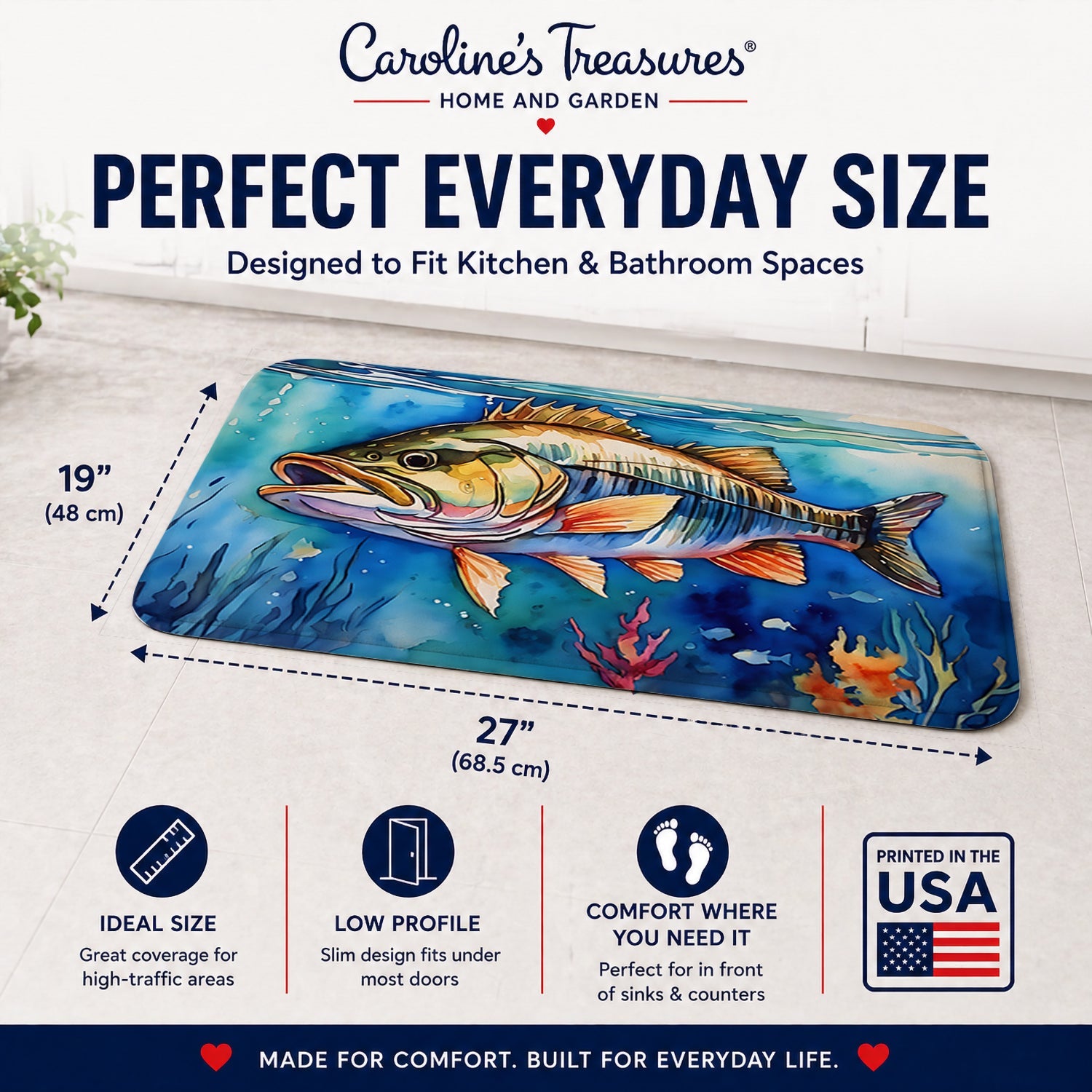 Striped Bass Memory Foam Kitchen Mat Machine Washable Anti-Fatigue Cushion Comfort Bath or Kitchen Rug